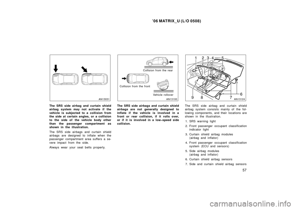 TOYOTA MATRIX 2006 E130 / 1.G Owners Manual ’06 MATRIX_U (L/O 0508)
57
The SRS side airbag and curtain shield
airbag system may not activate if the
vehicle is subjected to a collision from
the side at certain angles, or a collision
to the sid