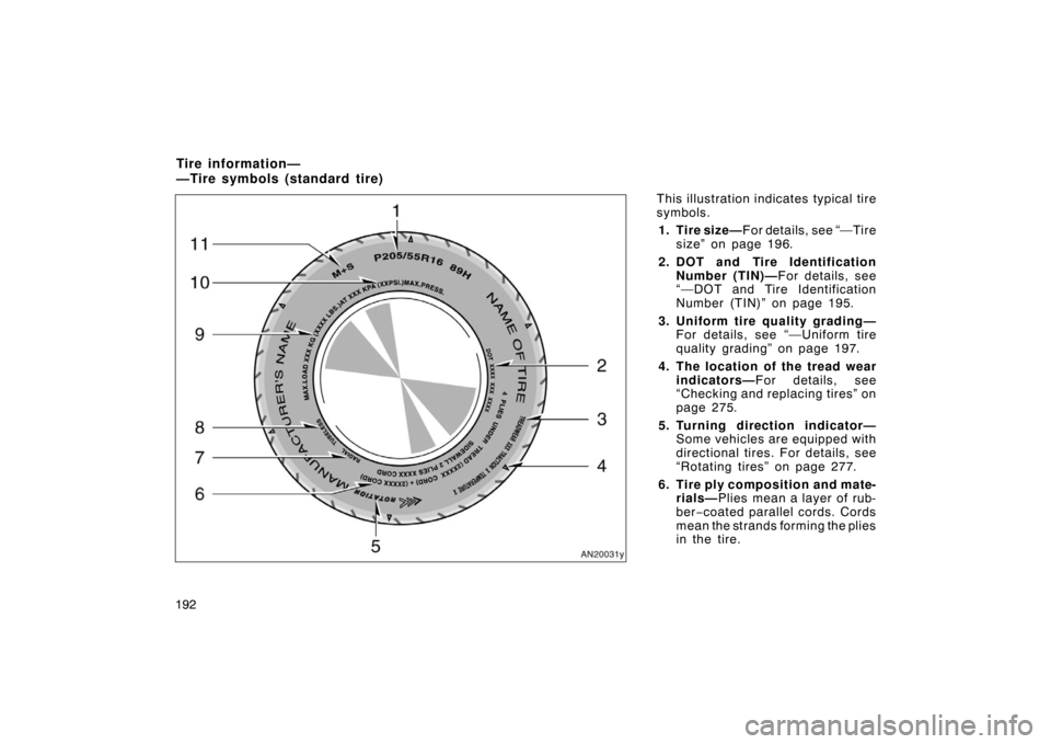 TOYOTA MATRIX 2007 E130 / 1.G Owners Manual 192This illustration indicates typical tire
symbols.
1. Tire size— F or det ails, see “— Ti re
size” on page 196.
2. DOT and  Tire Identification Number (TIN)— For details, see
“—DOT and