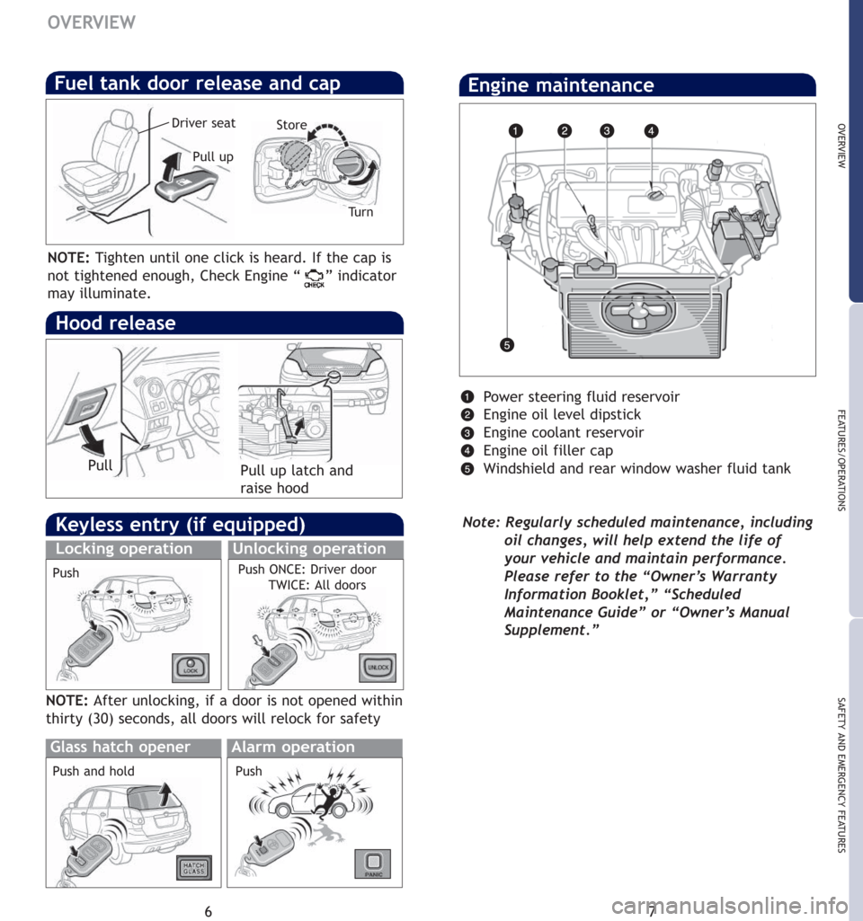 TOYOTA MATRIX 2007 E130 / 1.G Quick Reference Guide 67
OVERVIEW
FEATURES/OPERATIONS
SAFETY AND EMERGENCY FEATURES
OVERVIEW
Fuel tank door release and cap
Tu r n Store
Pull up Driver seat
NOTE:Tighten until one click is heard. If the cap is
not tightene