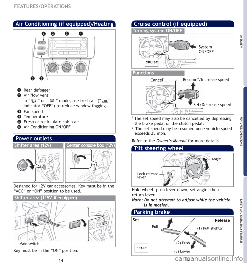 TOYOTA MATRIX 2007 E130 / 1.G Quick Reference Guide 15
OVERVIEW
FEATURES/OPERATIONS
SAFETY AND EMERGENCY FEATURES
14
FEATURES/OPERATIONS
Cruise control (if equipped)
Turning system ON/OFF
Functions
System
ON/OFF
Resume
2/Increase speed
Set/Decrease spe