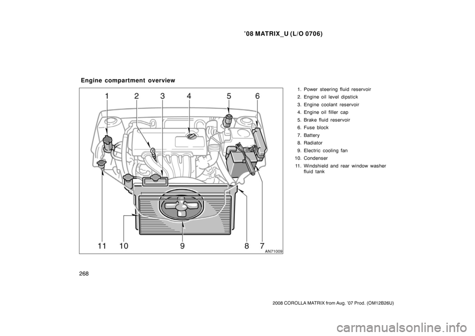 TOYOTA MATRIX 2008 E130 / 1.G Owners Manual ’08 MATRIX_U (L/O 0706)
268
2008 COROLLA MATRIX from Aug. ’07 Prod. (OM12B26U)
1. Power steering fluid reservoir
2. Engine oil level dipstick
3. Engine coolant reservoir
4. Engine oil filler  cap
