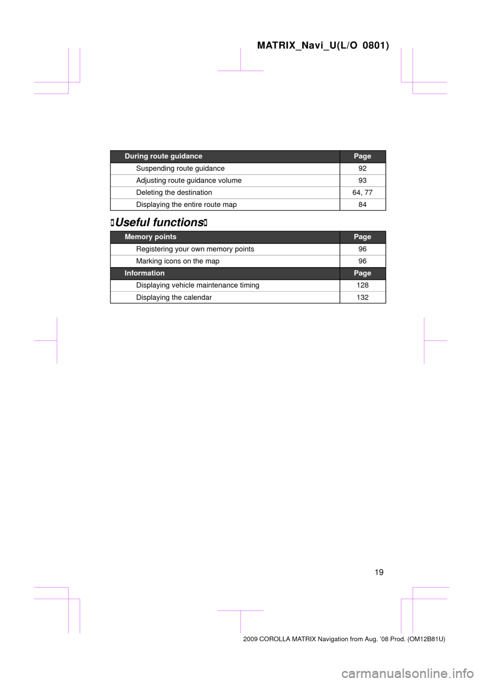 TOYOTA MATRIX 2009 E140 / 2.G Navigation Manual MATRIX_Navi_U(L/O 0801)
19
During route guidancePage
Suspending route guidance92
Adjusting route guidance volume93
Deleting the destination64, 77
Displaying the entire route map84
Useful functions
M