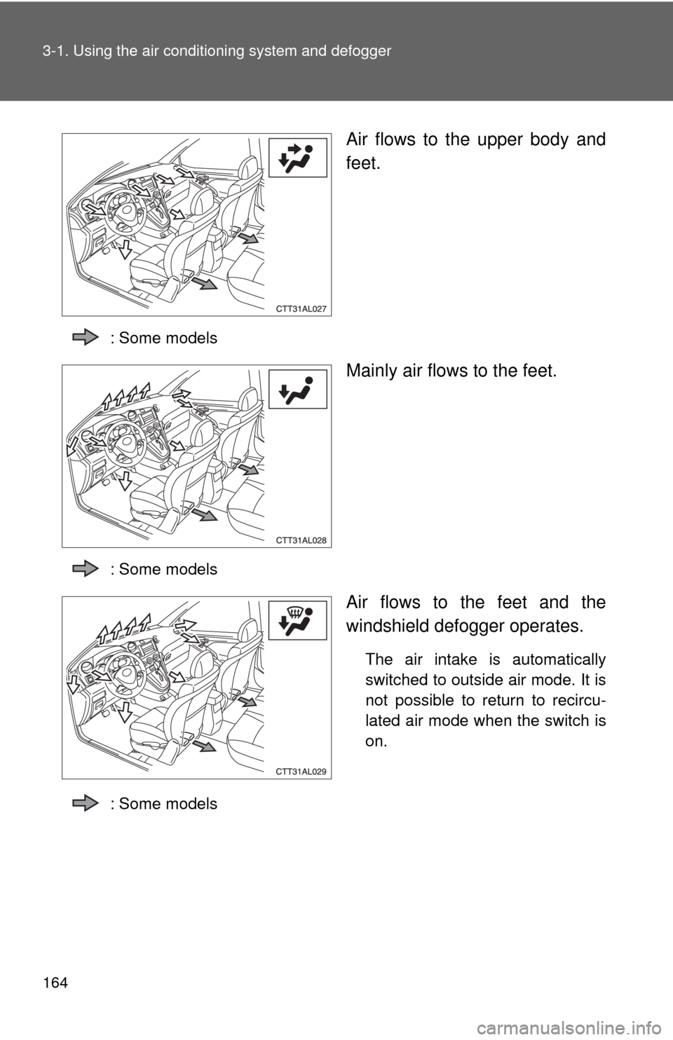 TOYOTA MATRIX 2009 E140 / 2.G Owners Manual 164 3-1. Using the air conditioning system and defogger
Air flows to the upper body and
feet.
: Some models
Mainly air flows to the feet.
: Some models
Air flows to the feet and the
windshield defogge