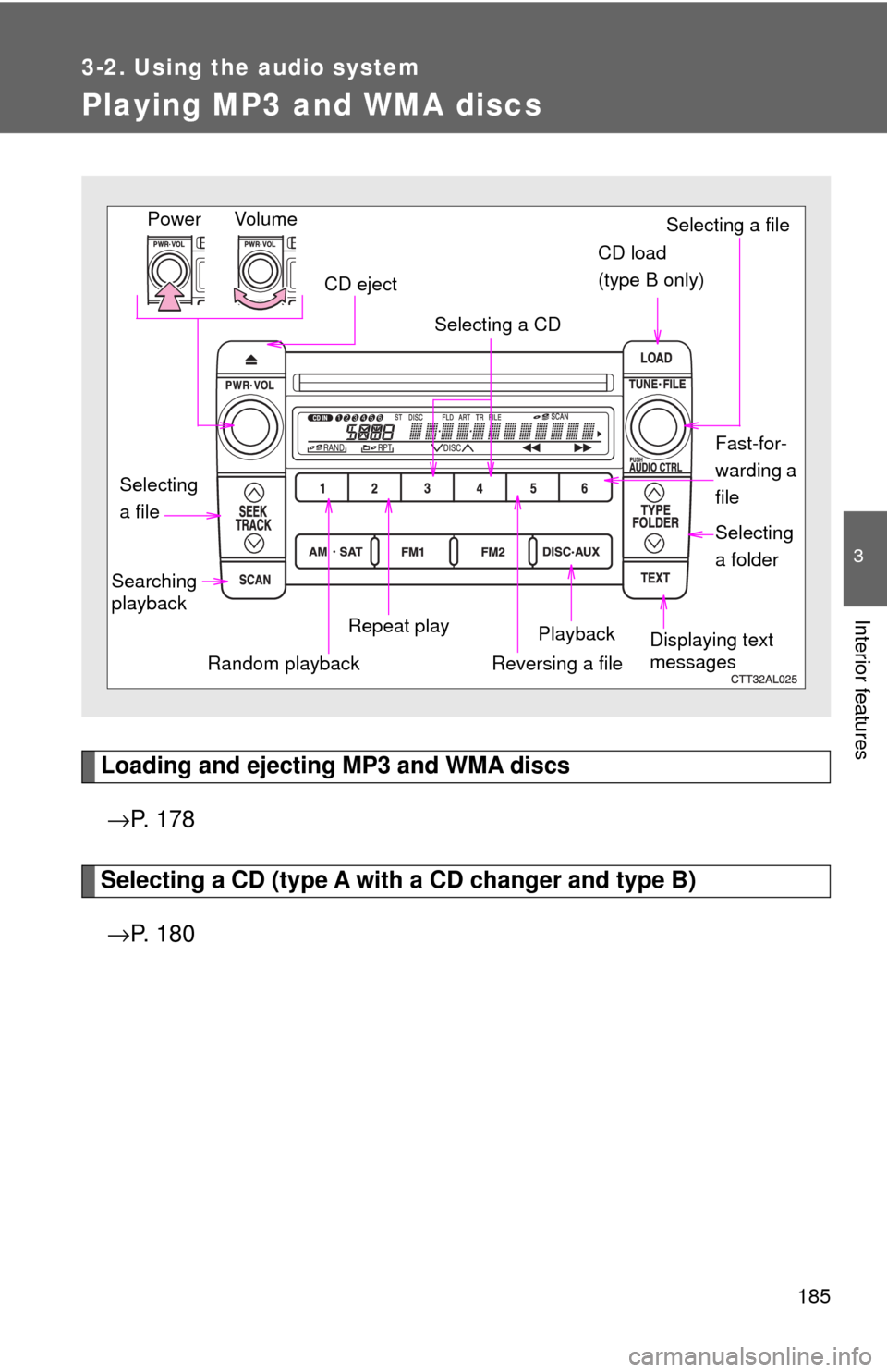 TOYOTA MATRIX 2009 E140 / 2.G Owners Manual 185
3-2. Using the audio system
3
Interior features
Playing MP3 and WMA discs
Loading and ejecting MP3 and WMA discs
→P. 1 7 8
Selecting a CD (type A with a CD changer and type B)
→P. 1 8 0
Vol TOYOTA MATRIX 2009 E140 / 2.G Owners Manual 185
3-2. Using the audio system
3
Interior features
Playing MP3 and WMA discs
Loading and ejecting MP3 and WMA discs
→P. 1 7 8
Selecting a CD (type A with a CD changer and type B)
→P. 1 8 0
Vol
