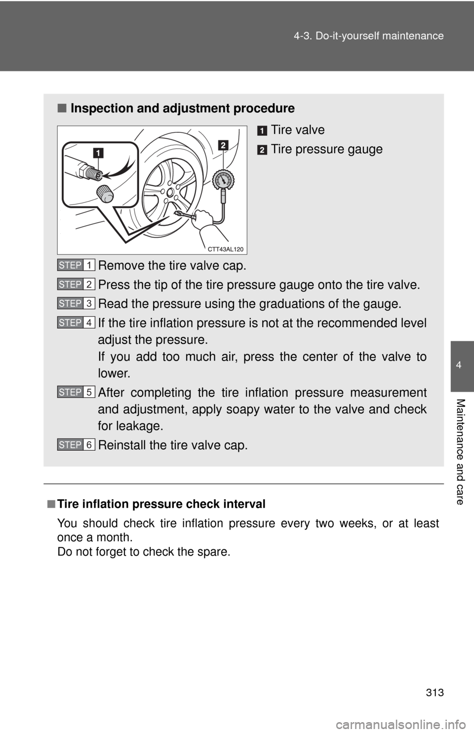 TOYOTA MATRIX 2009 E140 / 2.G Owners Manual 313 4-3. Do-it-yourself maintenance
4
Maintenance and care
■Tire inflation pressure check interval
You should check tire inflation pressure every two weeks, or at least
once a month.
Do not forget t TOYOTA MATRIX 2009 E140 / 2.G Owners Manual 313 4-3. Do-it-yourself maintenance
4
Maintenance and care
■Tire inflation pressure check interval
You should check tire inflation pressure every two weeks, or at least
once a month.
Do not forget t