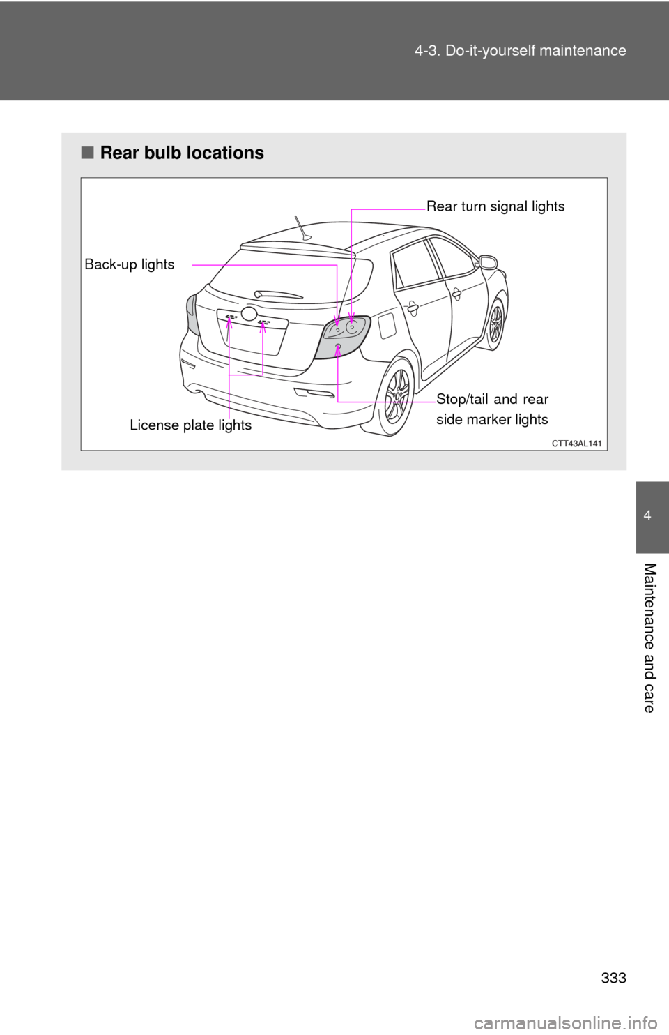 TOYOTA MATRIX 2009 E140 / 2.G Owners Manual 333 4-3. Do-it-yourself maintenance
4
Maintenance and care
■Rear bulb locations
Stop/tail and rear
side marker lights Rear turn signal lights
Back-up lights
License plate lights 