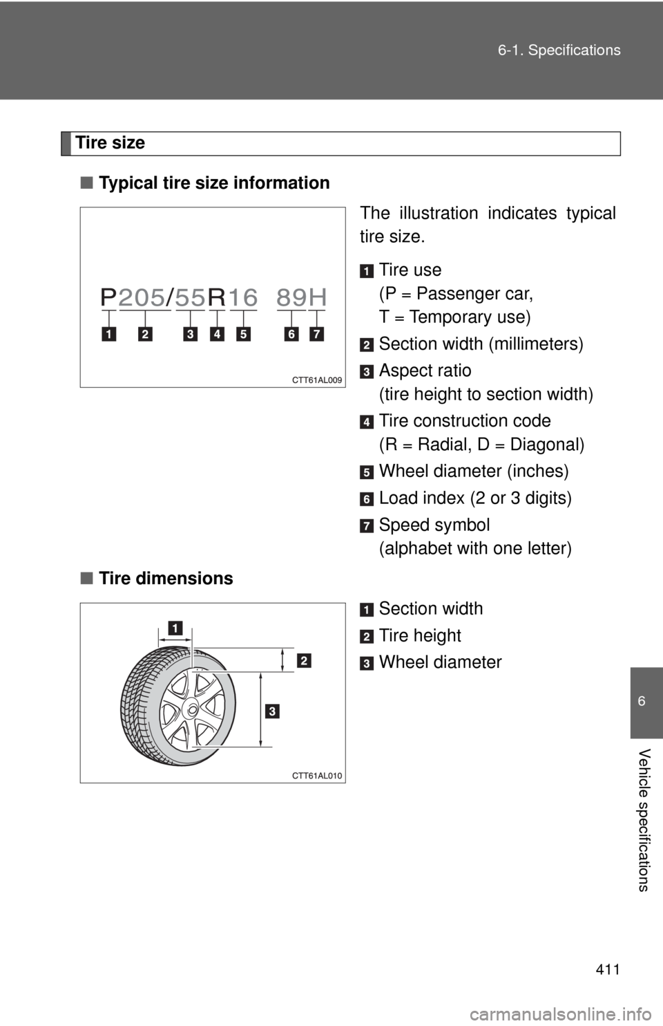 TOYOTA MATRIX 2009 E140 / 2.G Owners Manual 411 6-1. Specifications
6
Vehicle specifications
Tire size
■Typical tire size information
The illustration indicates typical
tire size.
Tire use
(P = Passenger car,
T = Temporary use)
Section width TOYOTA MATRIX 2009 E140 / 2.G Owners Manual 411 6-1. Specifications
6
Vehicle specifications
Tire size
■Typical tire size information
The illustration indicates typical
tire size.
Tire use
(P = Passenger car,
T = Temporary use)
Section width