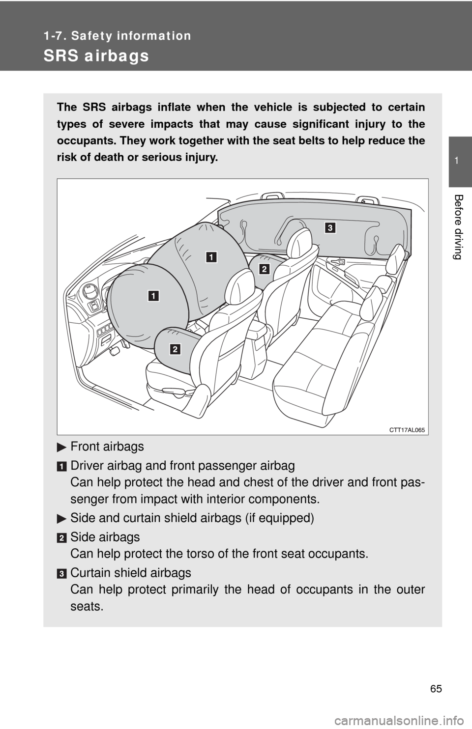 TOYOTA MATRIX 2009 E140 / 2.G Repair Manual 65
1
1-7. Safety information
Before driving
SRS airbags
The SRS airbags inflate when the vehicle is subjected to certain
types of severe impacts that may cause significant injury to the
occupants. The TOYOTA MATRIX 2009 E140 / 2.G Repair Manual 65
1
1-7. Safety information
Before driving
SRS airbags
The SRS airbags inflate when the vehicle is subjected to certain
types of severe impacts that may cause significant injury to the
occupants. The