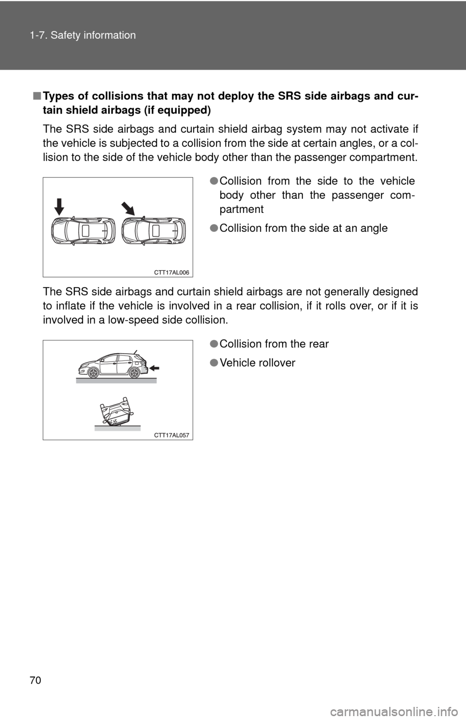 TOYOTA MATRIX 2009 E140 / 2.G Repair Manual 70 1-7. Safety information
■Types of collisions that may not deploy the SRS side airbags and cur-
tain shield airbags (if equipped)
The SRS side airbags and curtain shield airbag system may not acti TOYOTA MATRIX 2009 E140 / 2.G Repair Manual 70 1-7. Safety information
■Types of collisions that may not deploy the SRS side airbags and cur-
tain shield airbags (if equipped)
The SRS side airbags and curtain shield airbag system may not acti