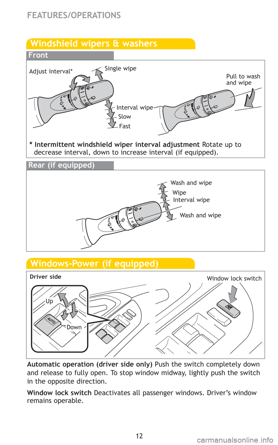 TOYOTA MATRIX 2009 E140 / 2.G Quick Reference Guide 12
FEATURES/OPERATIONS
Windows-Power (if equipped)
Up
Down
Driver sideWindow lock switch
Automatic operation (driver side only) Push the switch completely down
and release to fully open. To stop windo TOYOTA MATRIX 2009 E140 / 2.G Quick Reference Guide 12
FEATURES/OPERATIONS
Windows-Power (if equipped)
Up
Down
Driver sideWindow lock switch
Automatic operation (driver side only) Push the switch completely down
and release to fully open. To stop windo