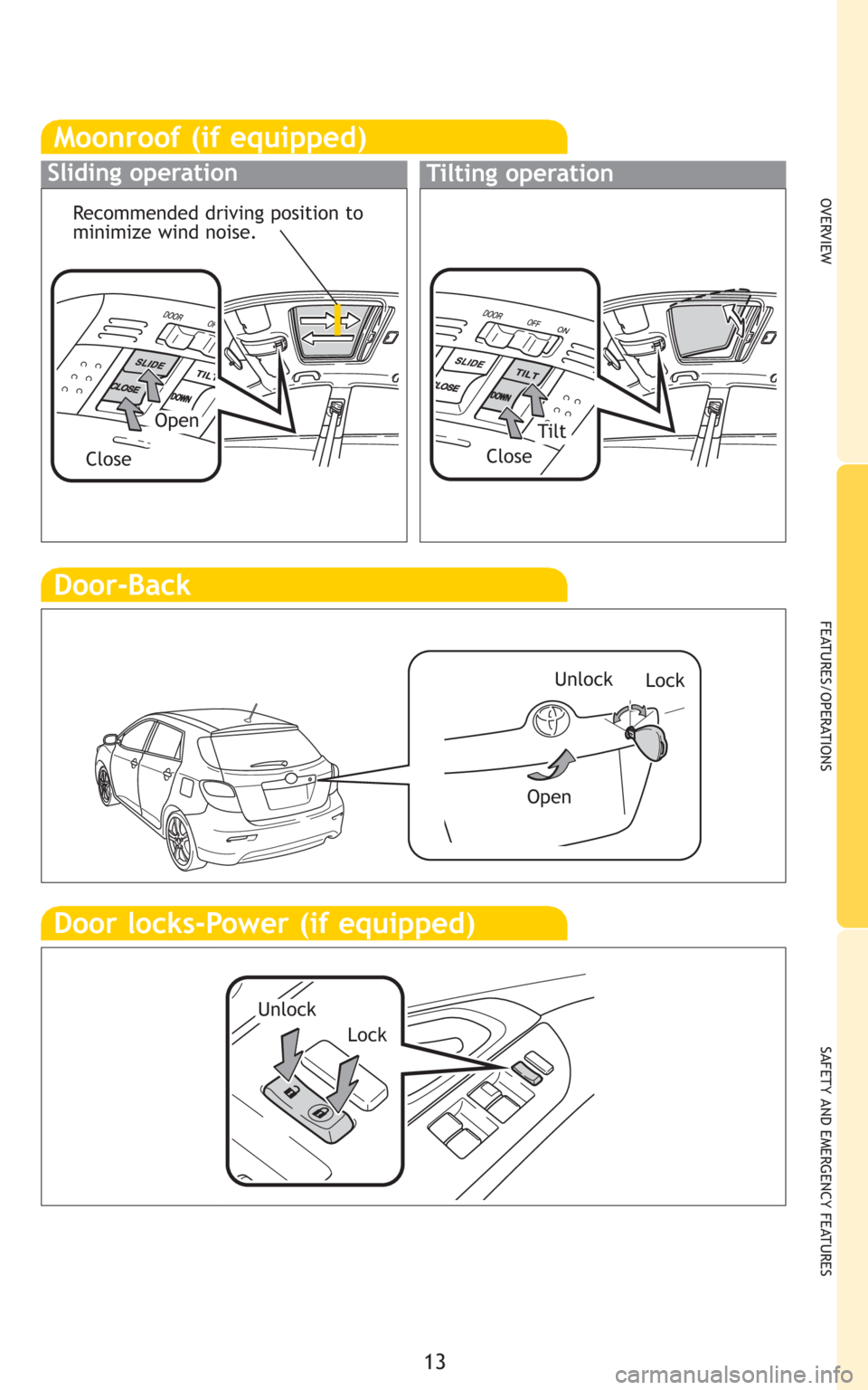 TOYOTA MATRIX 2009 E140 / 2.G Quick Reference Guide 13
OVERVIEW
FEATURES/OPERATIONS
SAFETY AND EMERGENCY FEATURES
Door-Back
Lock Unlock
Open
Moonroof (if equipped)
Sliding operationTilting operation
OpenTilt
CloseClose
Recommended driving position to
m TOYOTA MATRIX 2009 E140 / 2.G Quick Reference Guide 13
OVERVIEW
FEATURES/OPERATIONS
SAFETY AND EMERGENCY FEATURES
Door-Back
Lock Unlock
Open
Moonroof (if equipped)
Sliding operationTilting operation
OpenTilt
CloseClose
Recommended driving position to
m