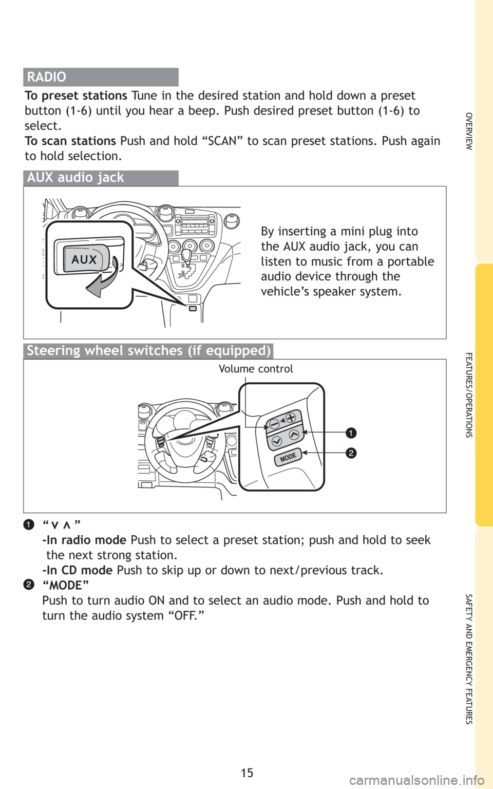 TOYOTA MATRIX 2009 E140 / 2.G Quick Reference Guide 15
OVERVIEW
FEATURES/OPERATIONS
SAFETY AND EMERGENCY FEATURES
RADIO
To preset stations Tune in the desired station and hold down a preset
button (1-6) until you hear a beep. Push desired preset button