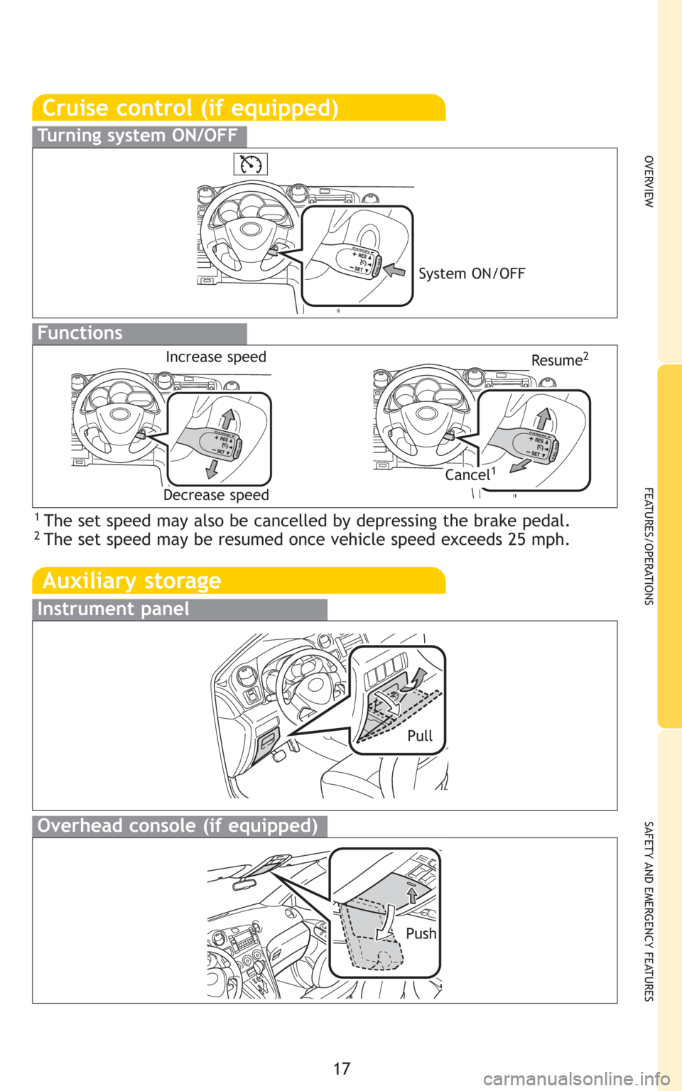 TOYOTA MATRIX 2009 E140 / 2.G Quick Reference Guide 17
OVERVIEW
FEATURES/OPERATIONS
SAFETY AND EMERGENCY FEATURES
Cruise control (if equipped)
1 The set speed may also be cancelled by depressing the brake pedal.2 The set speed may be resumed once vehic