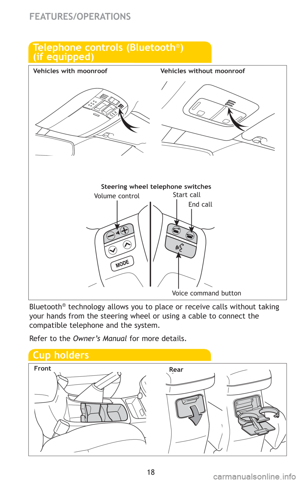 TOYOTA MATRIX 2009 E140 / 2.G Quick Reference Guide 18
FEATURES/OPERATIONS
Bluetooth®technology allows you to place or receive calls without taking
your hands from the steering wheel or using a cable to connect the
compatible telephone and the system.