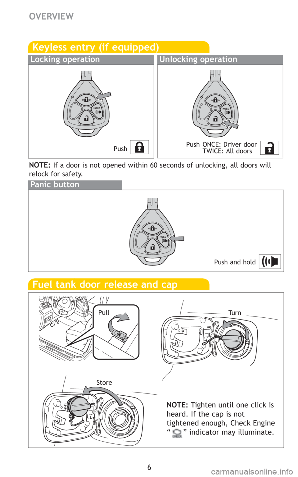 TOYOTA MATRIX 2009 E140 / 2.G Quick Reference Guide 6
OVERVIEW
Keyless entry (if equipped)
PushPush ONCE: Driver door
TWICE: All doors
Locking operationUnlocking operation
Panic button
Push and hold
NOTE:If a door is not opened within 60 seconds of unl TOYOTA MATRIX 2009 E140 / 2.G Quick Reference Guide 6
OVERVIEW
Keyless entry (if equipped)
PushPush ONCE: Driver door
TWICE: All doors
Locking operationUnlocking operation
Panic button
Push and hold
NOTE:If a door is not opened within 60 seconds of unl