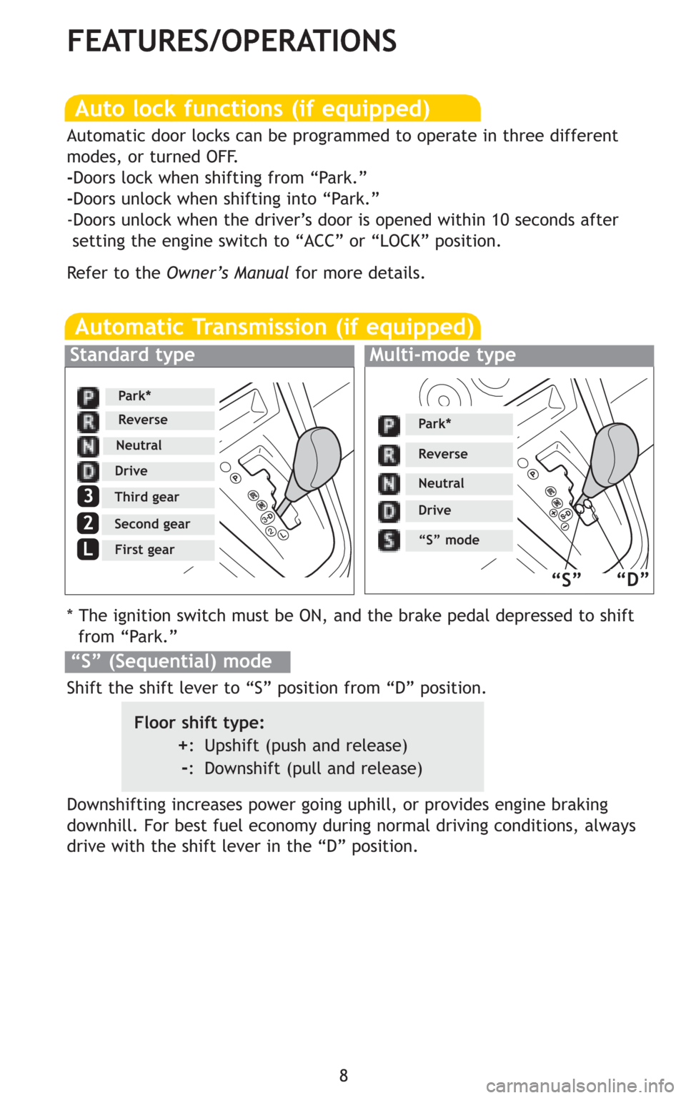 TOYOTA MATRIX 2009 E140 / 2.G Quick Reference Guide 8
FEATURES/OPERATIONS
Automatic Transmission (if equipped)
* The ignition switch must be ON, and the brake pedal depressed to shift
from “Park.”
Downshifting increases power going uphill, or provi