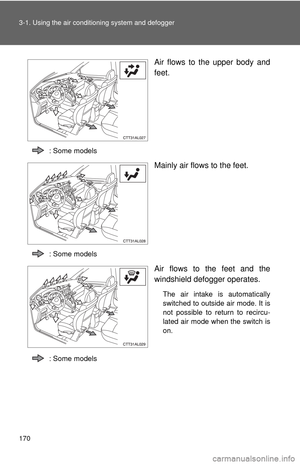 TOYOTA MATRIX 2010 E140 / 2.G Owners Manual 170 3-1. Using the air conditioning system and defogger
Air flows to the upper body and
feet.
: Some models
Mainly air flows to the feet.
: Some models
Air flows to the feet and the
windshield defogge