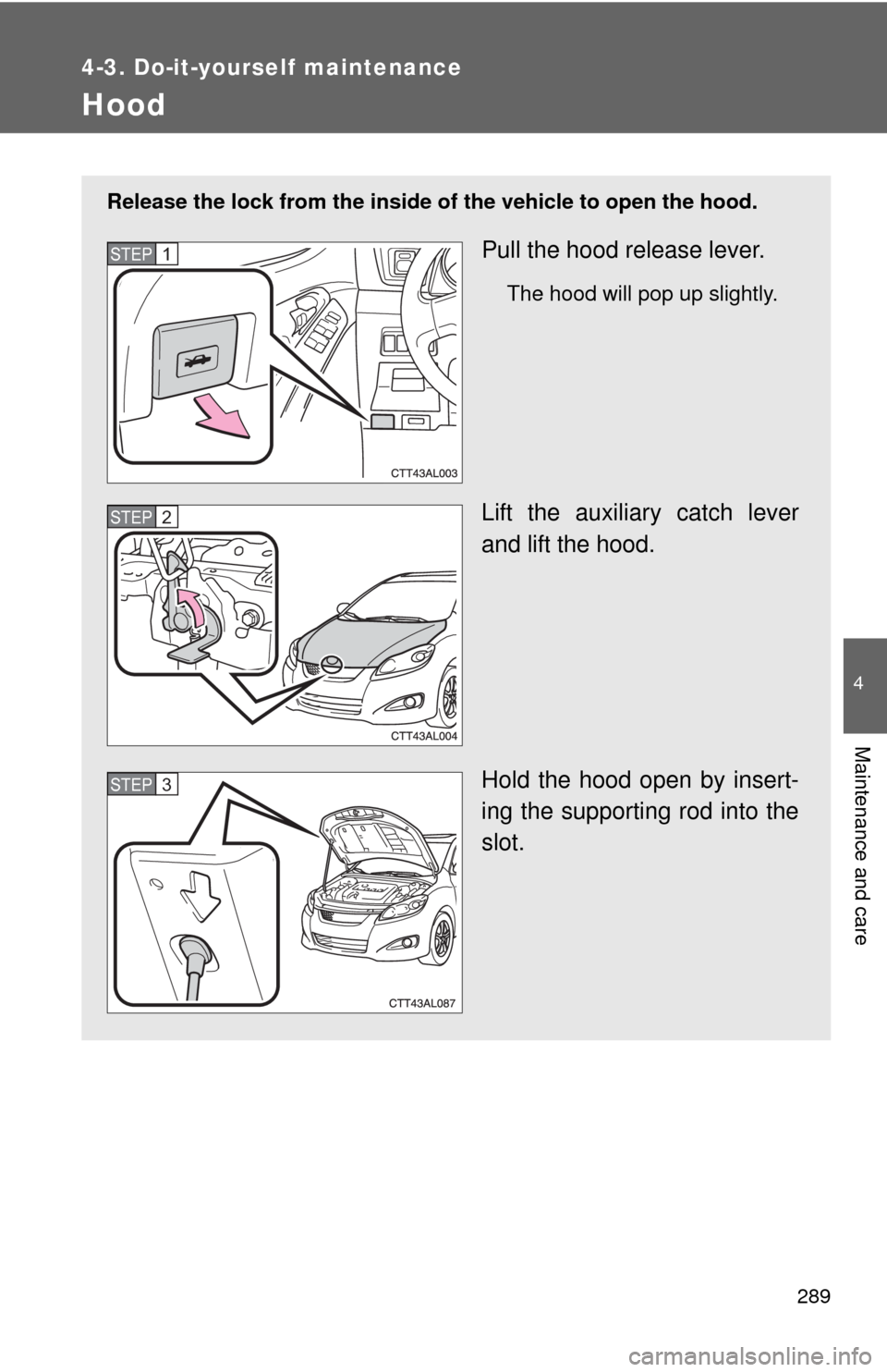 TOYOTA MATRIX 2010 E140 / 2.G Owners Manual 289
4-3. Do-it-yourself maintenance
4
Maintenance and care
Hood
Release the lock from the inside of the vehicle to open the hood.
Pull the hood release lever.
The hood will pop up slightly.
Lift the a
