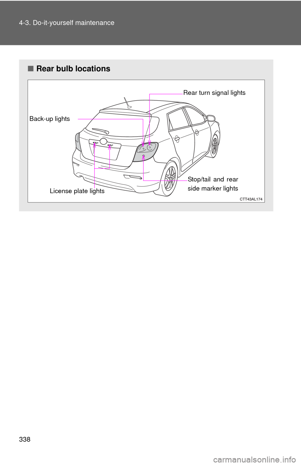 TOYOTA MATRIX 2010 E140 / 2.G Owners Manual 338 4-3. Do-it-yourself maintenance
■Rear bulb locations
Stop/tail and rear
side marker lights Rear turn signal lights
Back-up lights
License plate lights 