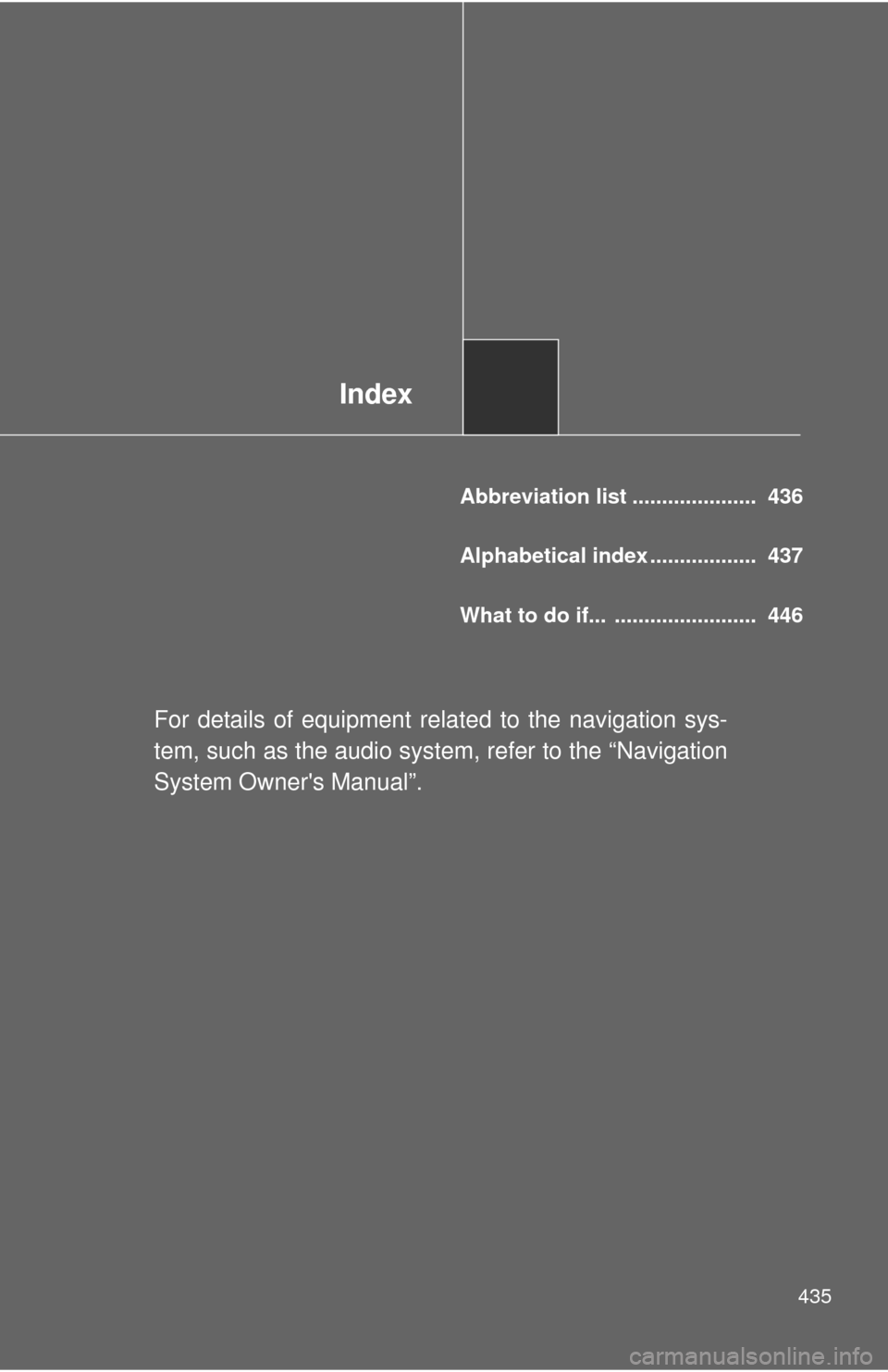 TOYOTA MATRIX 2010 E140 / 2.G Owners Manual Index
435
Abbreviation list .....................  436
Alphabetical index ..................  437
What to do if...  ........................  446
For details of equipment related to the navigation sys