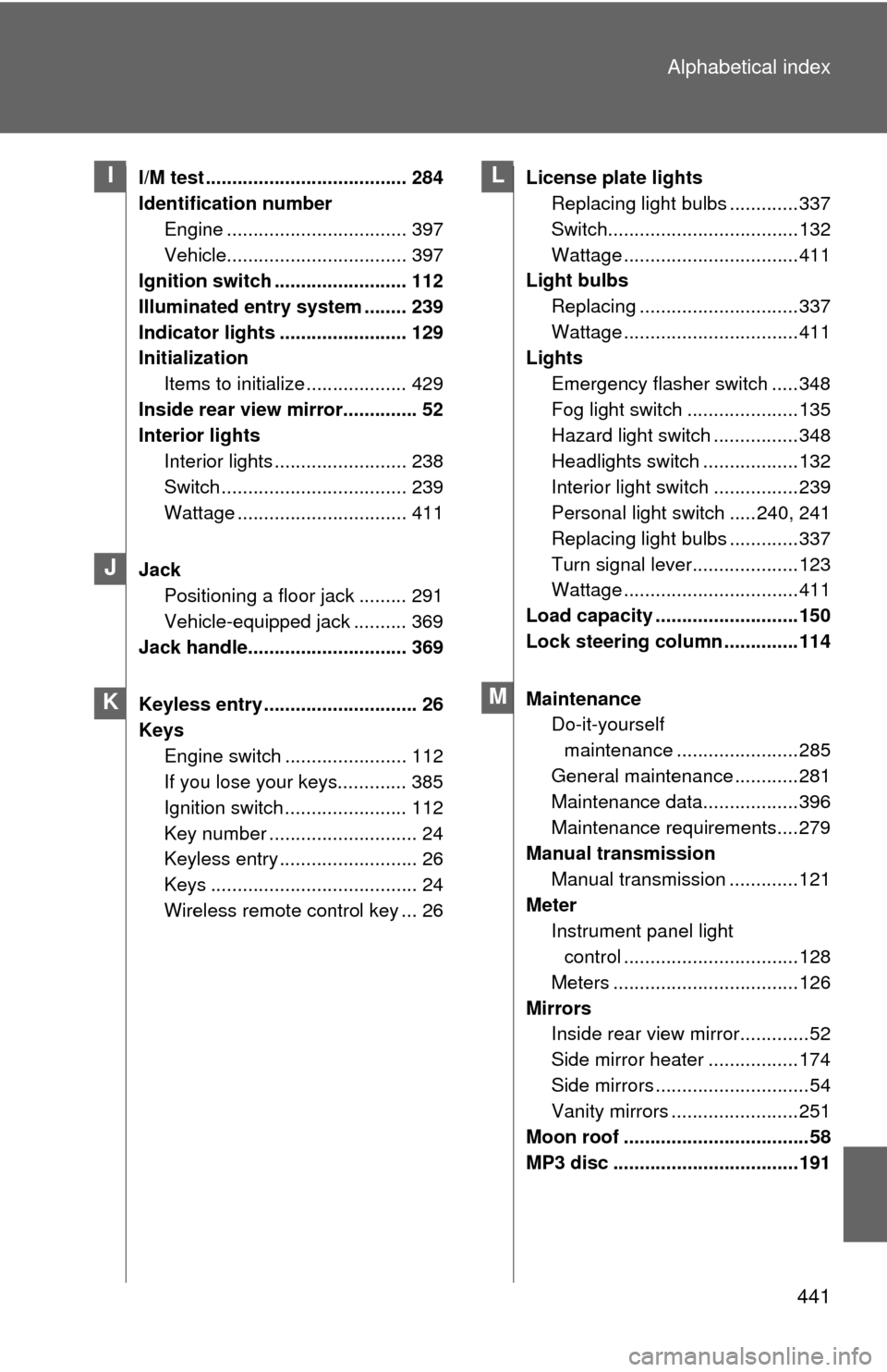 TOYOTA MATRIX 2010 E140 / 2.G Owners Manual 441 Alphabetical index
I/M test ...................................... 284
Identification number
Engine .................................. 397
Vehicle.................................. 397
Ignition sw