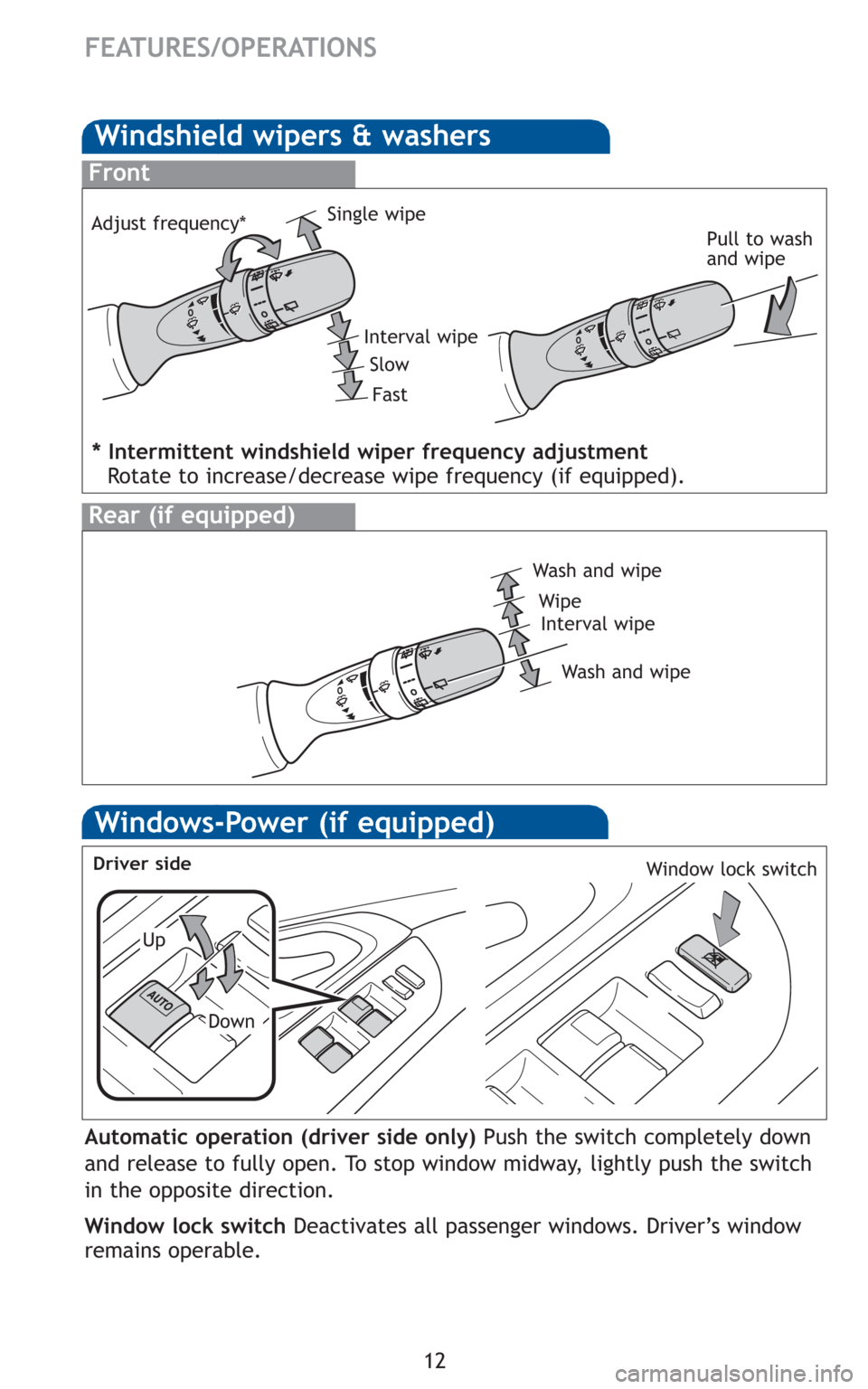 TOYOTA MATRIX 2010 E140 / 2.G Quick Reference Guide 12
FEATURES/OPERATIONS
Windows-Power (if equipped)
Up
Down
Driver sideWindow lock switch
Automatic operation (driver side only) Push the switch completely down
and release to fully open. To stop windo
