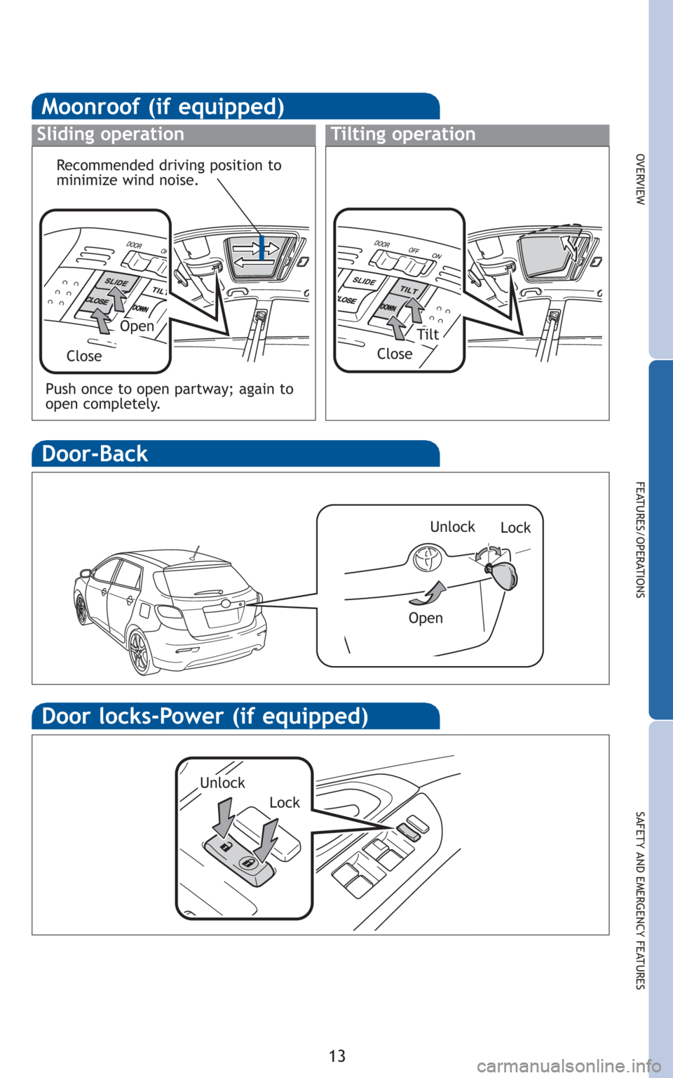 TOYOTA MATRIX 2010 E140 / 2.G Quick Reference Guide 13
OVERVIEW
FEATURES/OPERATIONS
SAFETY AND EMERGENCY FEATURES
Door-Back
Lock Unlock
Open
Moonroof (if equipped)
Sliding operationTilting operation
OpenTilt
CloseClose
Recommended driving position to
m