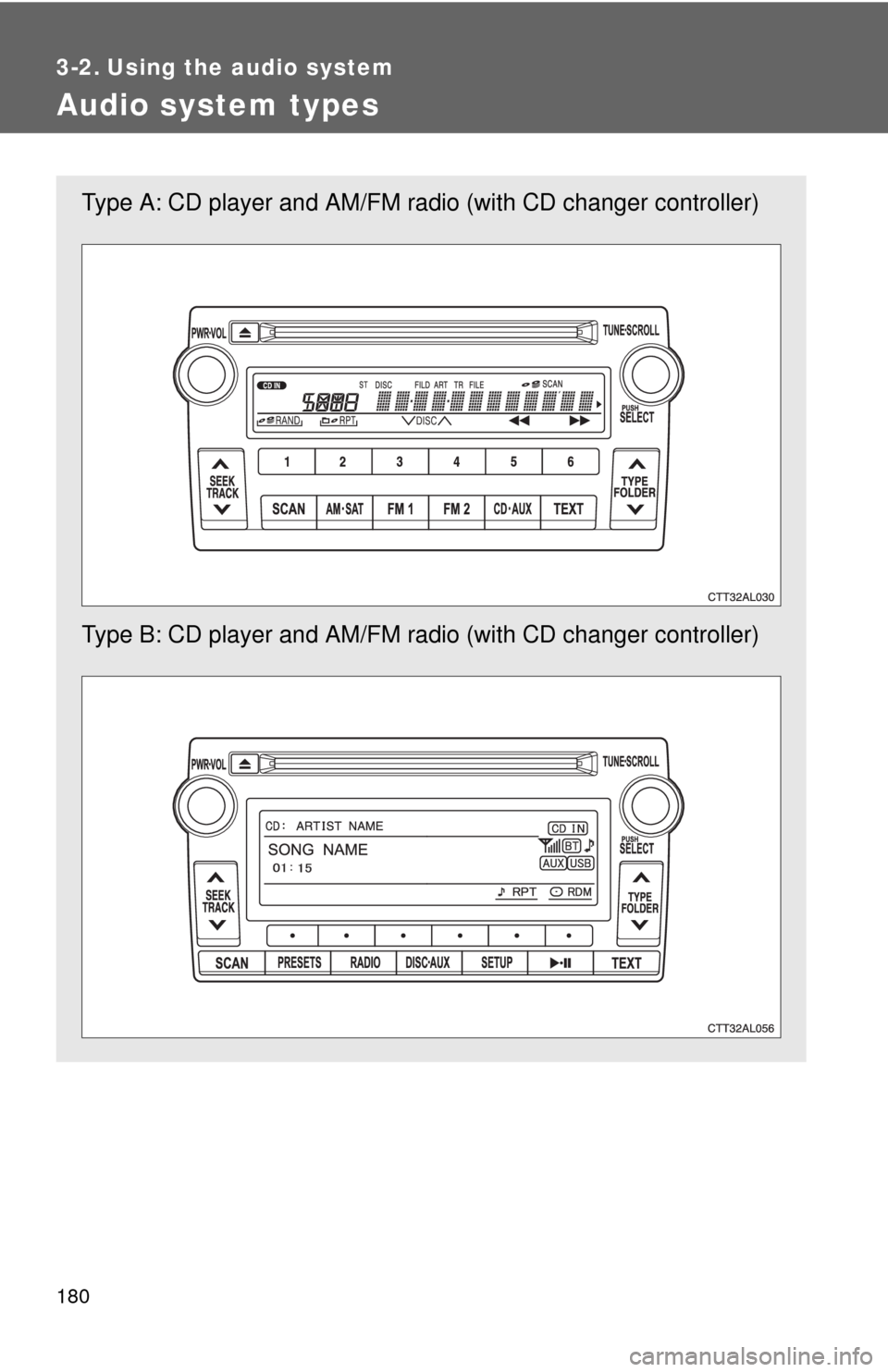 TOYOTA MATRIX 2011 E140 / 2.G Owners Manual 180
3-2. Using the audio system
Audio system types
Type A: CD player and AM/FM radio (with CD changer controller)
Type B: CD player and AM/FM radio (with CD changer controller) TOYOTA MATRIX 2011 E140 / 2.G Owners Manual 180
3-2. Using the audio system
Audio system types
Type A: CD player and AM/FM radio (with CD changer controller)
Type B: CD player and AM/FM radio (with CD changer controller)