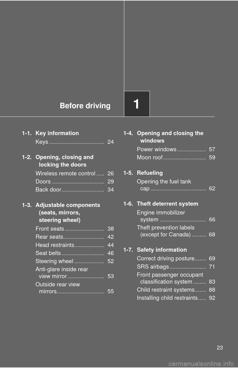 TOYOTA MATRIX 2011 E140 / 2.G Owners Manual Before driving1
23
1-1. Key information
Keys ................................... 24
1-2. Opening, closing and
locking the doors
Wireless remote control ..... 26
Doors .............................. TOYOTA MATRIX 2011 E140 / 2.G Owners Manual Before driving1
23
1-1. Key information
Keys ................................... 24
1-2. Opening, closing and
locking the doors
Wireless remote control ..... 26
Doors ..............................