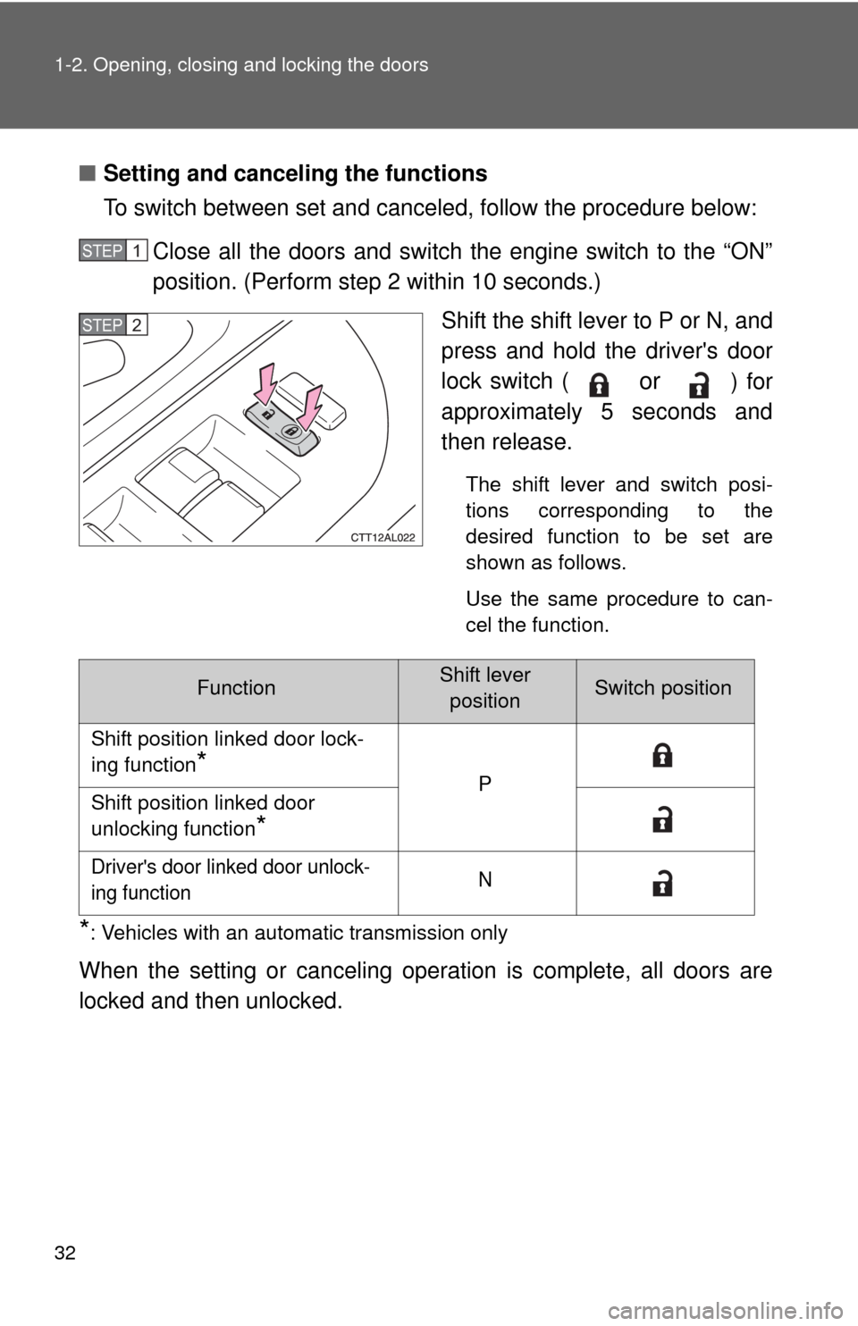 TOYOTA MATRIX 2011 E140 / 2.G Owners Guide 32 1-2. Opening, closing and locking the doors
■Setting and canceling the functions
To switch between set and canceled, follow the procedure below:
Close all the doors and switch the engine switch t