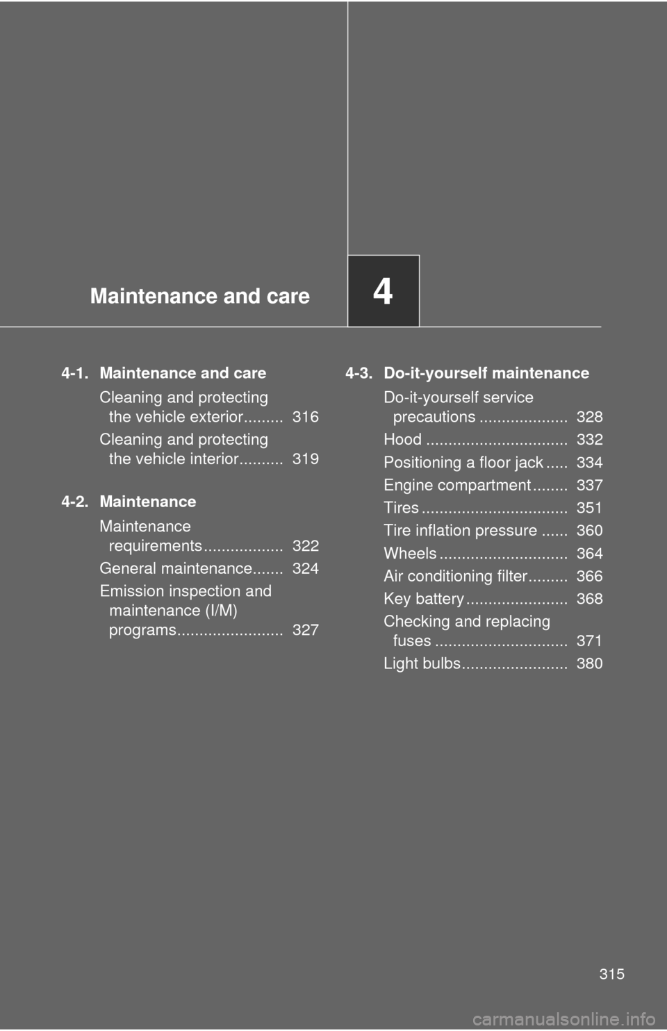 TOYOTA MATRIX 2011 E140 / 2.G Repair Manual Maintenance and care4
315
4-1. Maintenance and care
Cleaning and protecting
the vehicle exterior......... 316
Cleaning and protecting
the vehicle interior.......... 319
4-2. Maintenance
Maintenanc TOYOTA MATRIX 2011 E140 / 2.G Repair Manual Maintenance and care4
315
4-1. Maintenance and care
Cleaning and protecting
the vehicle exterior......... 316
Cleaning and protecting
the vehicle interior.......... 319
4-2. Maintenance
Maintenanc