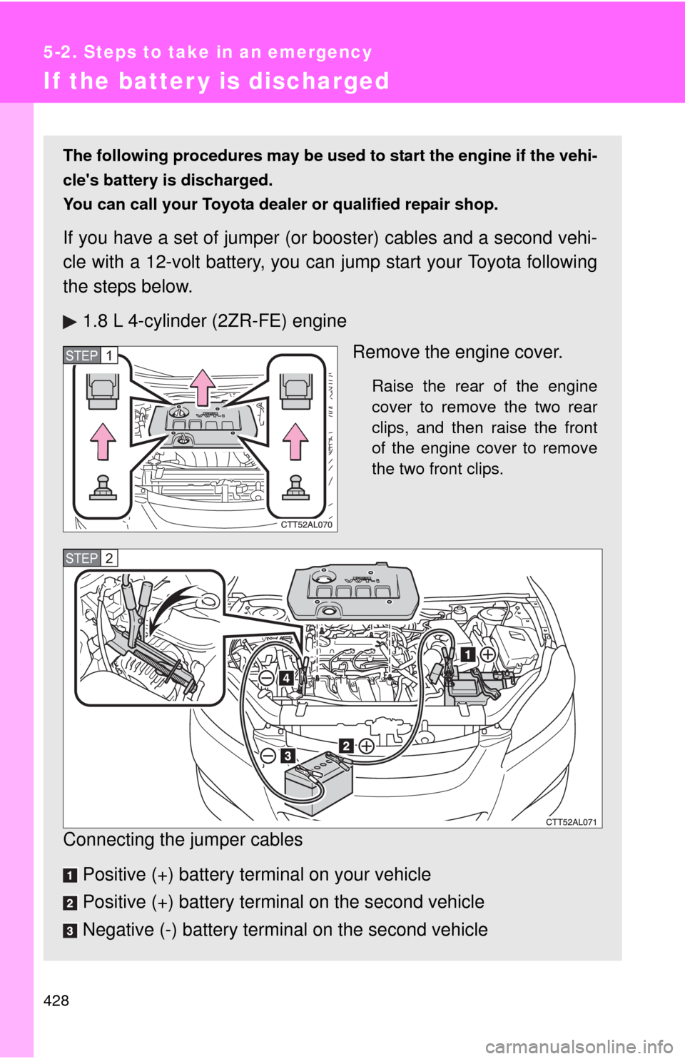 TOYOTA MATRIX 2011 E140 / 2.G Owners Manual 428
5-2. Steps to take in an emergency
If the batter y is discharged
The following procedures may be used to start the engine if the vehi-
cles battery is discharged.
You can call your Toyota dealer TOYOTA MATRIX 2011 E140 / 2.G Owners Manual 428
5-2. Steps to take in an emergency
If the batter y is discharged
The following procedures may be used to start the engine if the vehi-
cles battery is discharged.
You can call your Toyota dealer