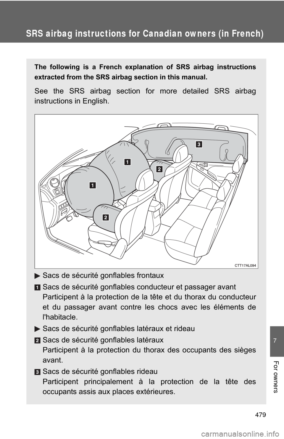 TOYOTA MATRIX 2011 E140 / 2.G Owners Manual 479
7
For owners
SRS airbag instructions for Canadian owners (in French)
The following is a French explanation of SRS airbag instructions
extracted from the SRS airbag section in this manual. 
See the