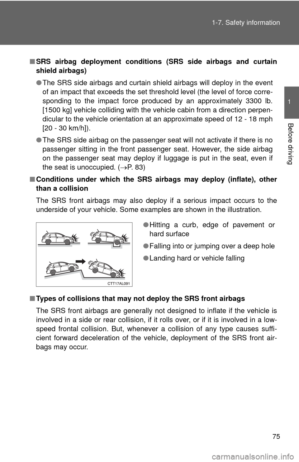 TOYOTA MATRIX 2011 E140 / 2.G Manual PDF 75 1-7. Safety information
1
Before driving
■SRS airbag deployment conditions (SRS side airbags and curtain
shield airbags)
●The SRS side airbags and curtain shield airbags will deploy in the even