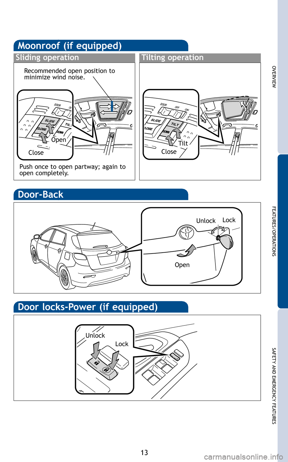 TOYOTA MATRIX 2011 E140 / 2.G Quick Reference Guide 13
OVERVIEW
FEATURES/OPERATIONS
SAFETY AND EMERGENCY  FEATURES

Lock 
Unlock 
Open


OpenTilt
Close  Close 
Recommended open position to 
minimize wind noise.

Lock
Unlock
Push once to open partway; a