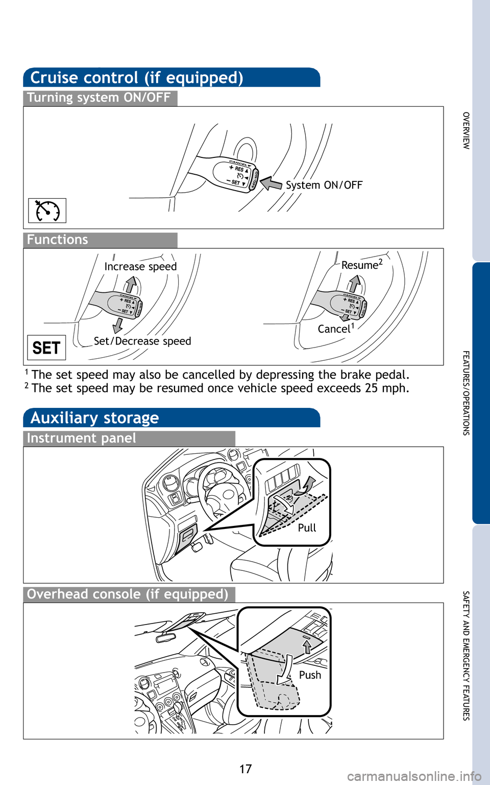 TOYOTA MATRIX 2011 E140 / 2.G Quick Reference Guide 17
OVERVIEW
FEATURES/OPERATIONS
SAFETY AND EMERGENCY FEATURES
1 The set speed may also be cancelled by depressing the brake pedal.2 The set speed may be resumed once vehicle speed exceeds 25 mph.
S TOYOTA MATRIX 2011 E140 / 2.G Quick Reference Guide 17
OVERVIEW
FEATURES/OPERATIONS
SAFETY AND EMERGENCY FEATURES
1 The set speed may also be cancelled by depressing the brake pedal.2 The set speed may be resumed once vehicle speed exceeds 25 mph.
S