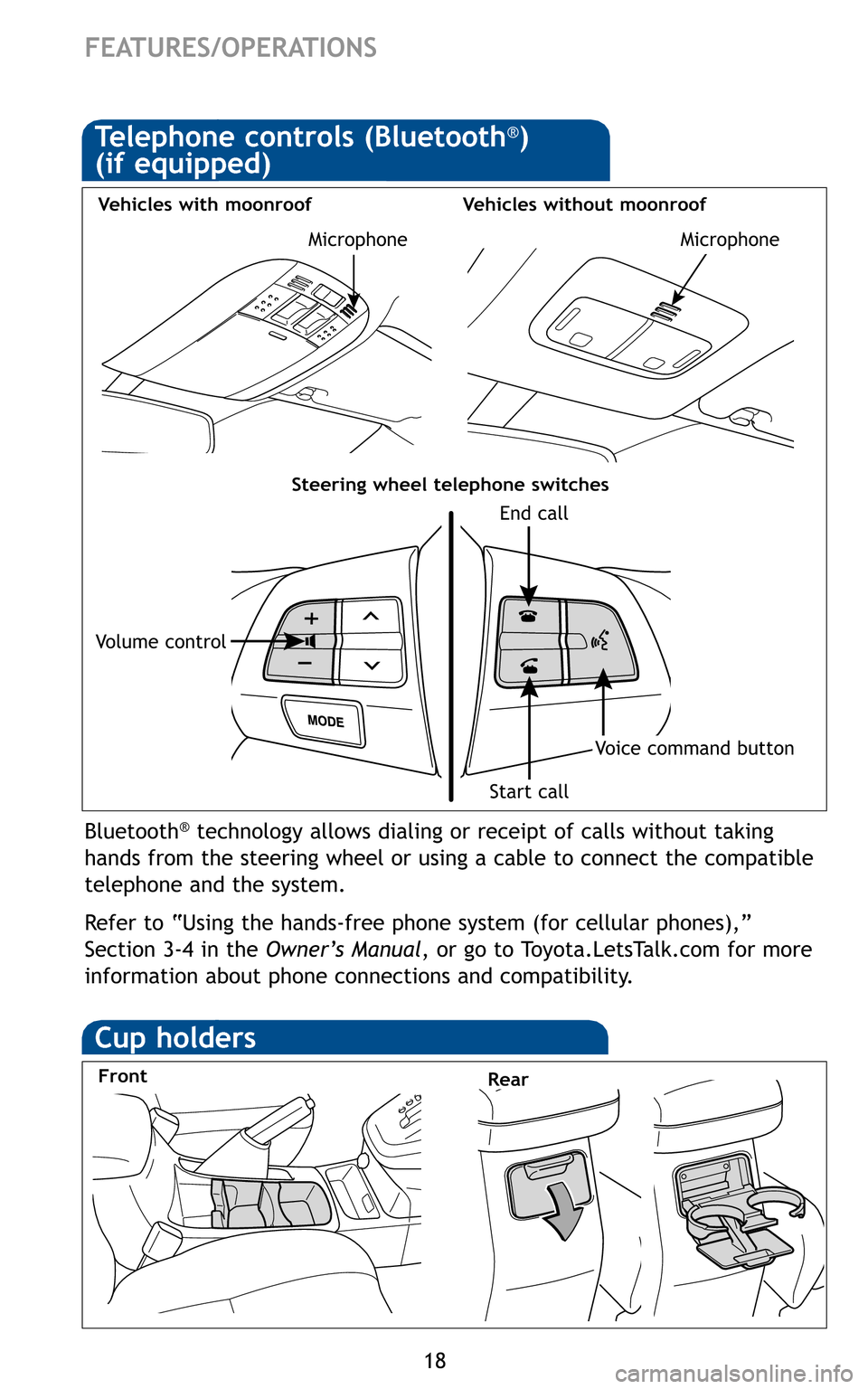 TOYOTA MATRIX 2011 E140 / 2.G Quick Reference Guide 18
FEATURES/OPERATIONS
Bluetooth®technology allows dialing or receipt of calls without taking
hands from the steering wheel or using a cable to connect the compatible
telephone and the system.
Ref TOYOTA MATRIX 2011 E140 / 2.G Quick Reference Guide 18
FEATURES/OPERATIONS
Bluetooth®technology allows dialing or receipt of calls without taking
hands from the steering wheel or using a cable to connect the compatible
telephone and the system.
Ref
