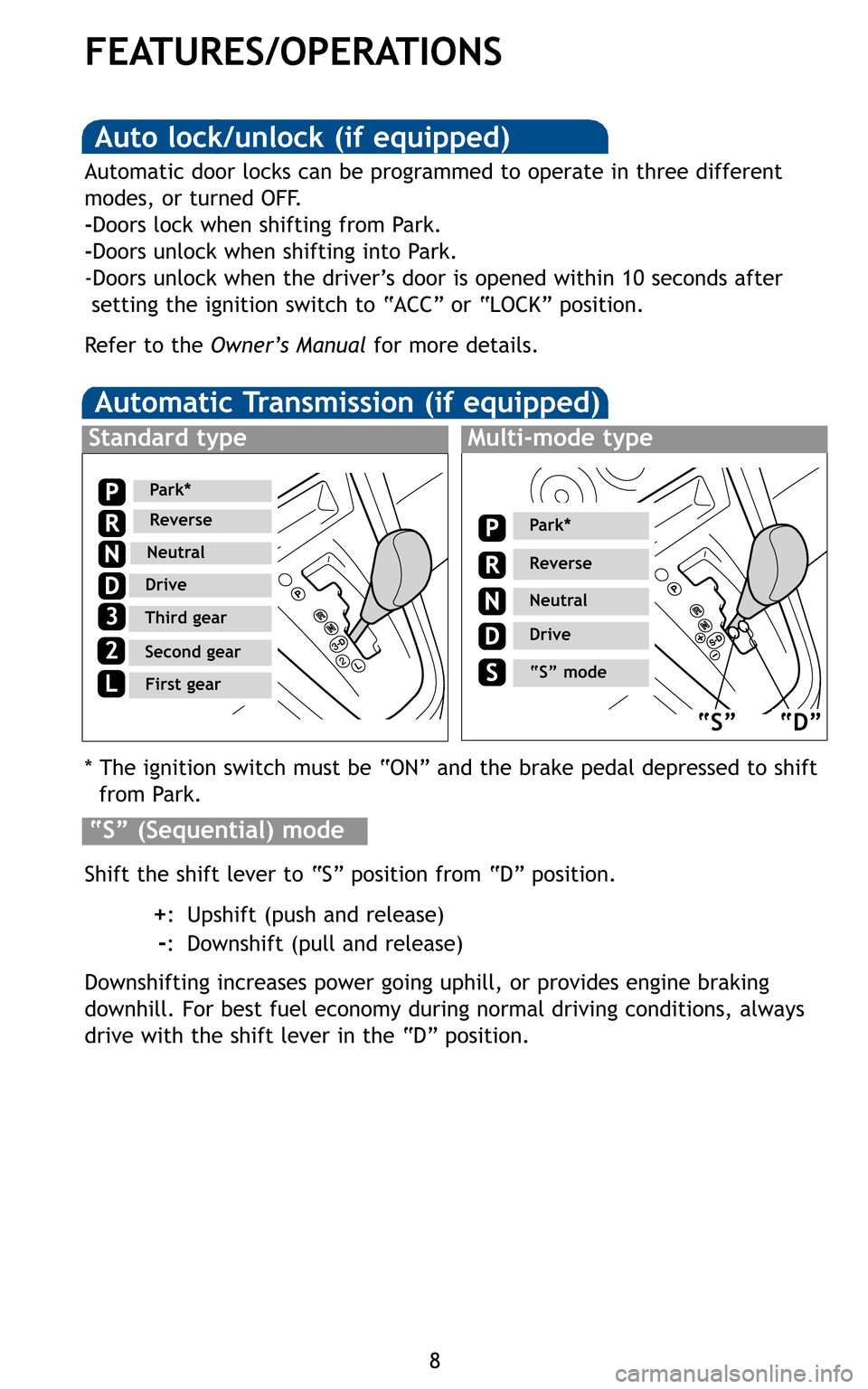 TOYOTA MATRIX 2011 E140 / 2.G Quick Reference Guide 8
FEATURES/OPERATIONS

* The ignition switch must be “ON” and the brake pedal depressed to shift from Park. 
Shift the shift lever to “S” position from “D” position.
+: Upshift (push and r