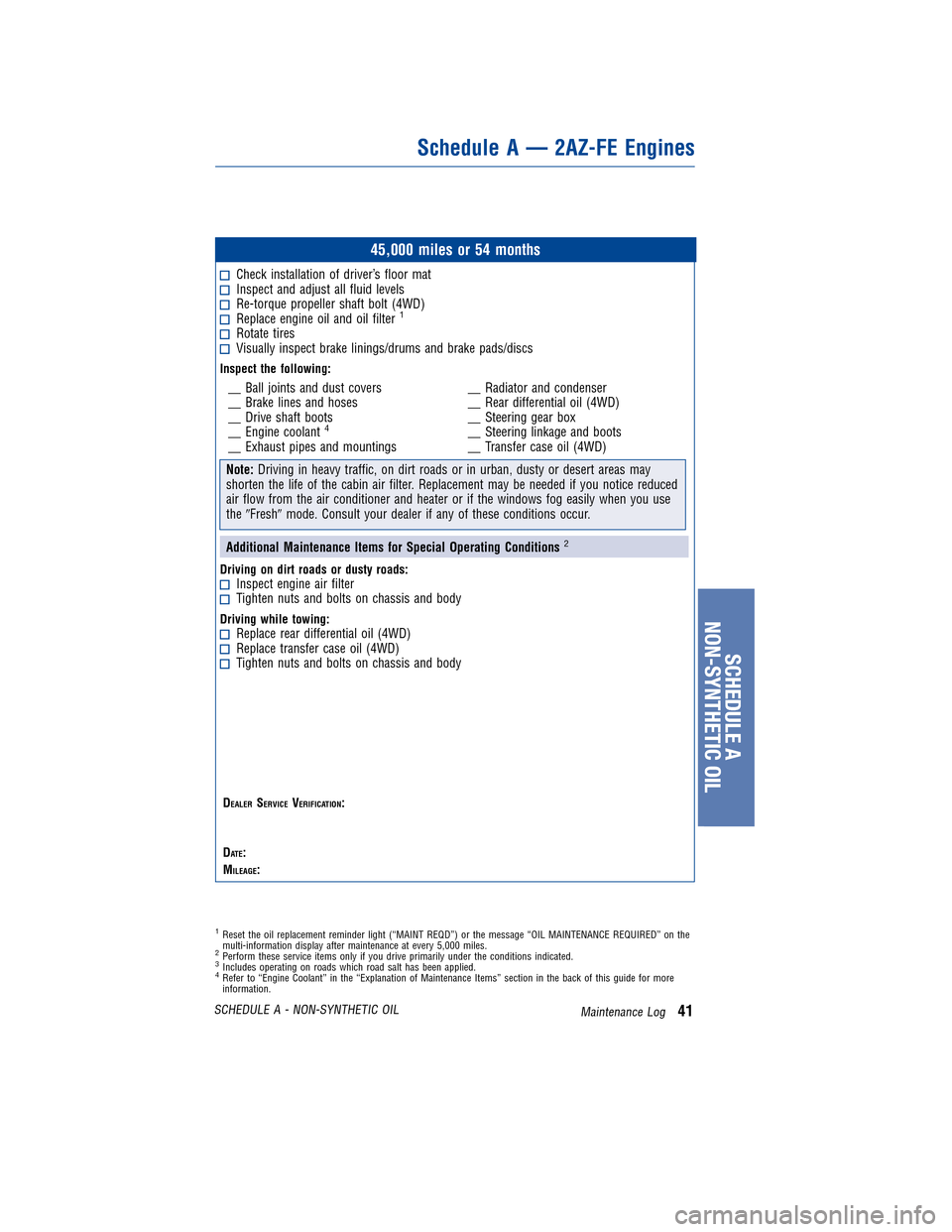 TOYOTA MATRIX 2011 E140 / 2.G Warranty And Maintenance Guide JOBNAME: 317615-2011-mat-toyw PAGE: 41 SESS: 11 OUTPUT: Tue Nov 2 16:35:50 2010
/tweddle/toyota/sched-maint/317615-en-mat/wg
45,000 miles or 54 months
Check installation of driver’s floor matIn TOYOTA MATRIX 2011 E140 / 2.G Warranty And Maintenance Guide JOBNAME: 317615-2011-mat-toyw PAGE: 41 SESS: 11 OUTPUT: Tue Nov 2 16:35:50 2010
/tweddle/toyota/sched-maint/317615-en-mat/wg
45,000 miles or 54 months
Check installation of driver’s floor matIn