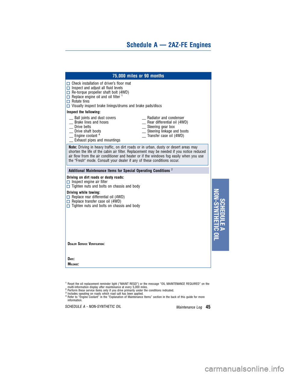 TOYOTA MATRIX 2011 E140 / 2.G Warranty And Maintenance Guide JOBNAME: 317615-2011-mat-toyw PAGE: 45 SESS: 11 OUTPUT: Tue Nov 2 16:35:50 2010
/tweddle/toyota/sched-maint/317615-en-mat/wg
75,000 miles or 90 months
Check installation of driver’s floor matIn TOYOTA MATRIX 2011 E140 / 2.G Warranty And Maintenance Guide JOBNAME: 317615-2011-mat-toyw PAGE: 45 SESS: 11 OUTPUT: Tue Nov 2 16:35:50 2010
/tweddle/toyota/sched-maint/317615-en-mat/wg
75,000 miles or 90 months
Check installation of driver’s floor matIn