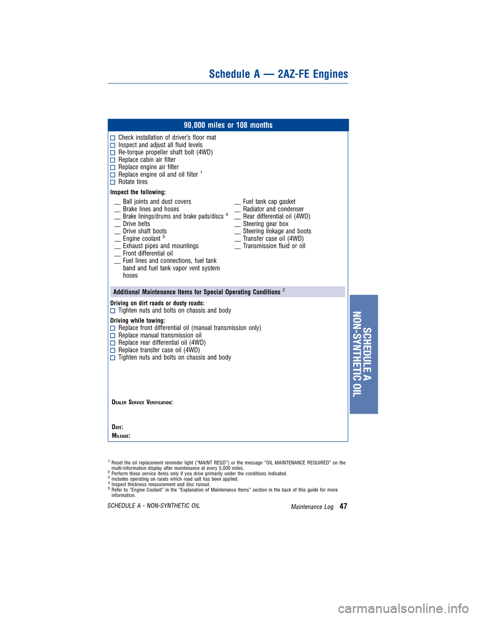 TOYOTA MATRIX 2011 E140 / 2.G Warranty And Maintenance Guide JOBNAME: 317615-2011-mat-toyw  PAGE: 47  SESS: 11  OUTPUT: Tue Nov  2 16:35:50 2010 
/tweddle/toyota/sched-maint/317615-en-mat/wg
90,000 miles or 108 months
Check installation of driver’s floor matI