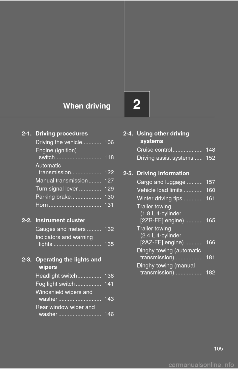 TOYOTA MATRIX 2012 E140 / 2.G Owners Manual When driving2
105
2-1. Driving proceduresDriving the vehicle............  106
Engine (ignition) switch .............................  118
Automatic  transmission...................  122
Manual transmi