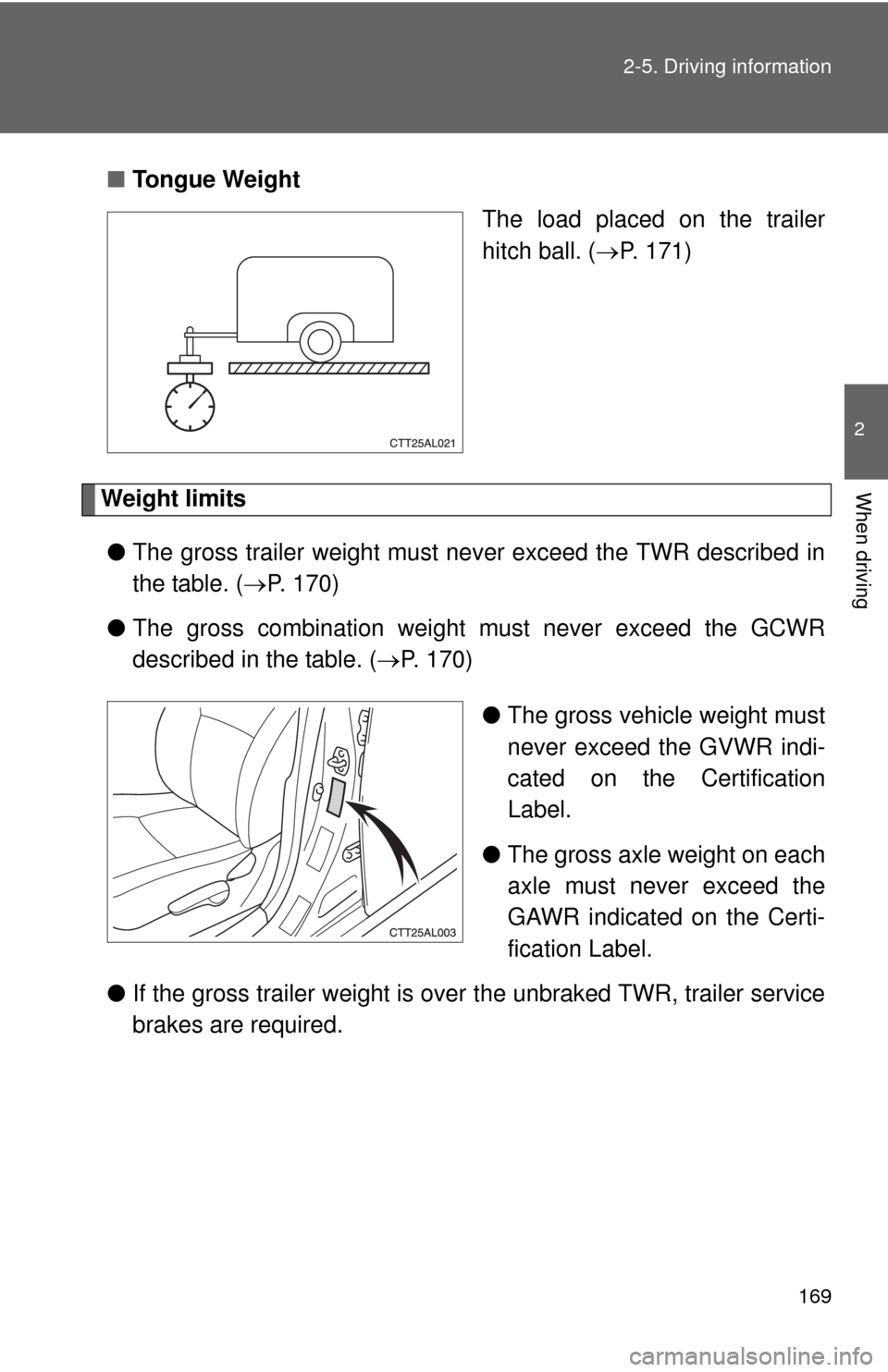 TOYOTA MATRIX 2012 E140 / 2.G Owners Manual 169
2-5. Driving information
2
When driving
■
Tongue Weight
The load placed on the trailer
hitch ball. (P. 171)
Weight limits
● The gross trailer weight must never exceed the TWR described in
t