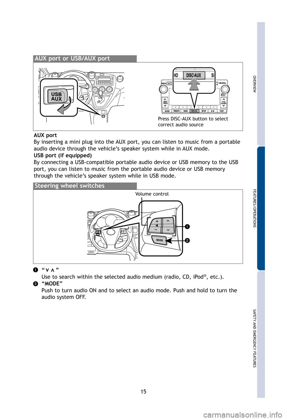 TOYOTA MATRIX 2012 E140 / 2.G Quick Reference Guide OVERVIEW
FEATURES/OPERATIONS
SAFETY AND EMERGENCYFEATURES
15
ton
old
“ ”
Use to search within the selected audio medium (radio, CD, iPod®, etc.).
“MODE”
Push to turn audio ON and to select a TOYOTA MATRIX 2012 E140 / 2.G Quick Reference Guide OVERVIEW
FEATURES/OPERATIONS
SAFETY AND EMERGENCYFEATURES
15
ton
old
“ ”
Use to search within the selected audio medium (radio, CD, iPod®, etc.).
“MODE”
Push to turn audio ON and to select a