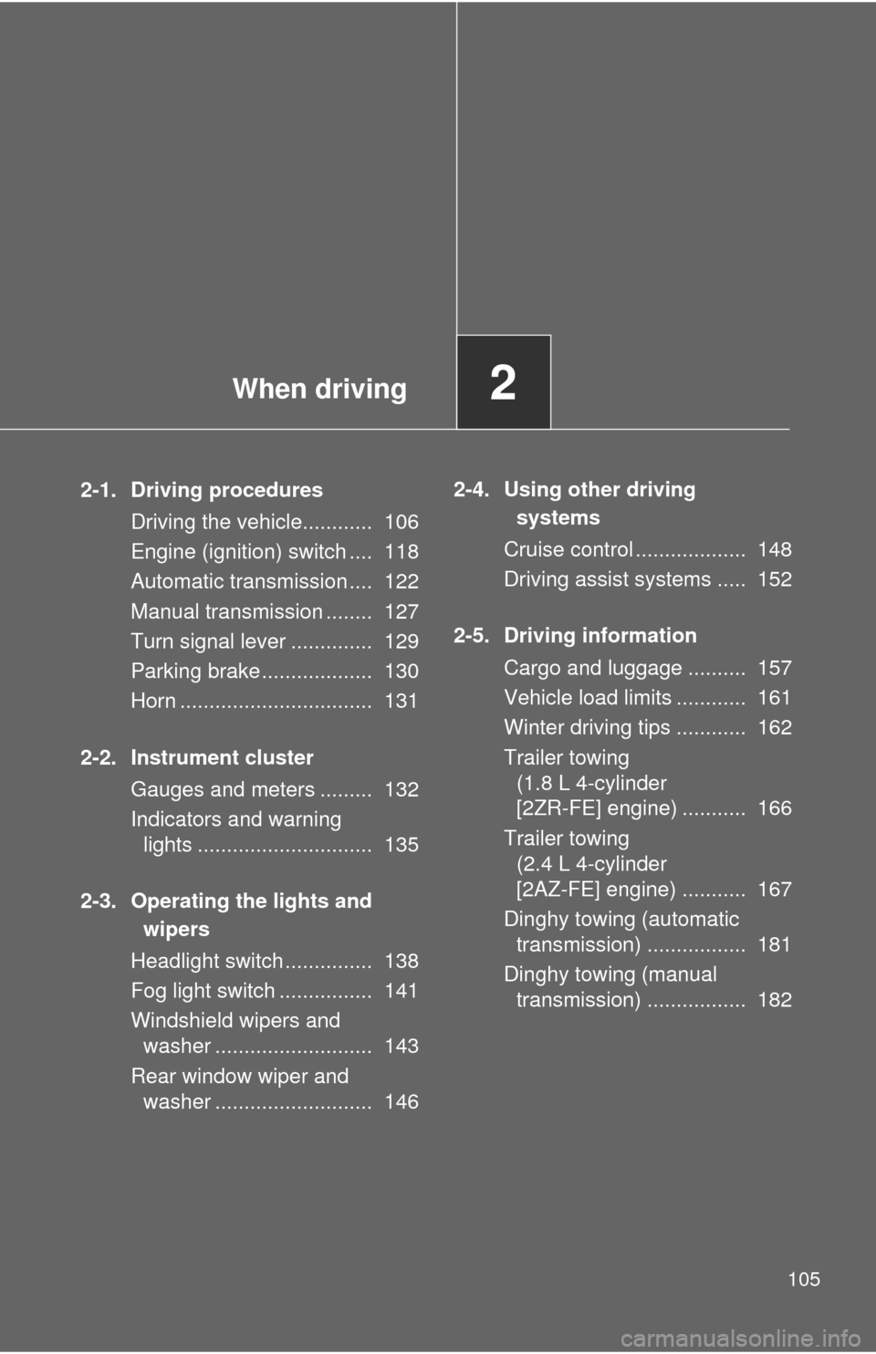 TOYOTA MATRIX 2013 E140 / 2.G Owners Manual When driving2
105
2-1. Driving procedures
Driving the vehicle............  106
Engine (ignition) switch ....  118
Automatic transmission ....  122
Manual transmission ........  127
Turn signal lever .