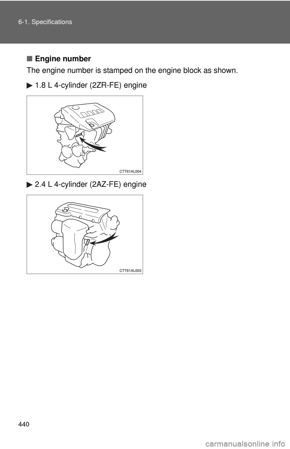 TOYOTA MATRIX 2013 E140 / 2.G Owners Manual 440 6-1. Specifications
■Engine number
The engine number is stamped on the engine block as shown.
1.8 L 4-cylinder (2ZR-FE) engine
2.4 L 4-cylinder (2AZ-FE) engine 