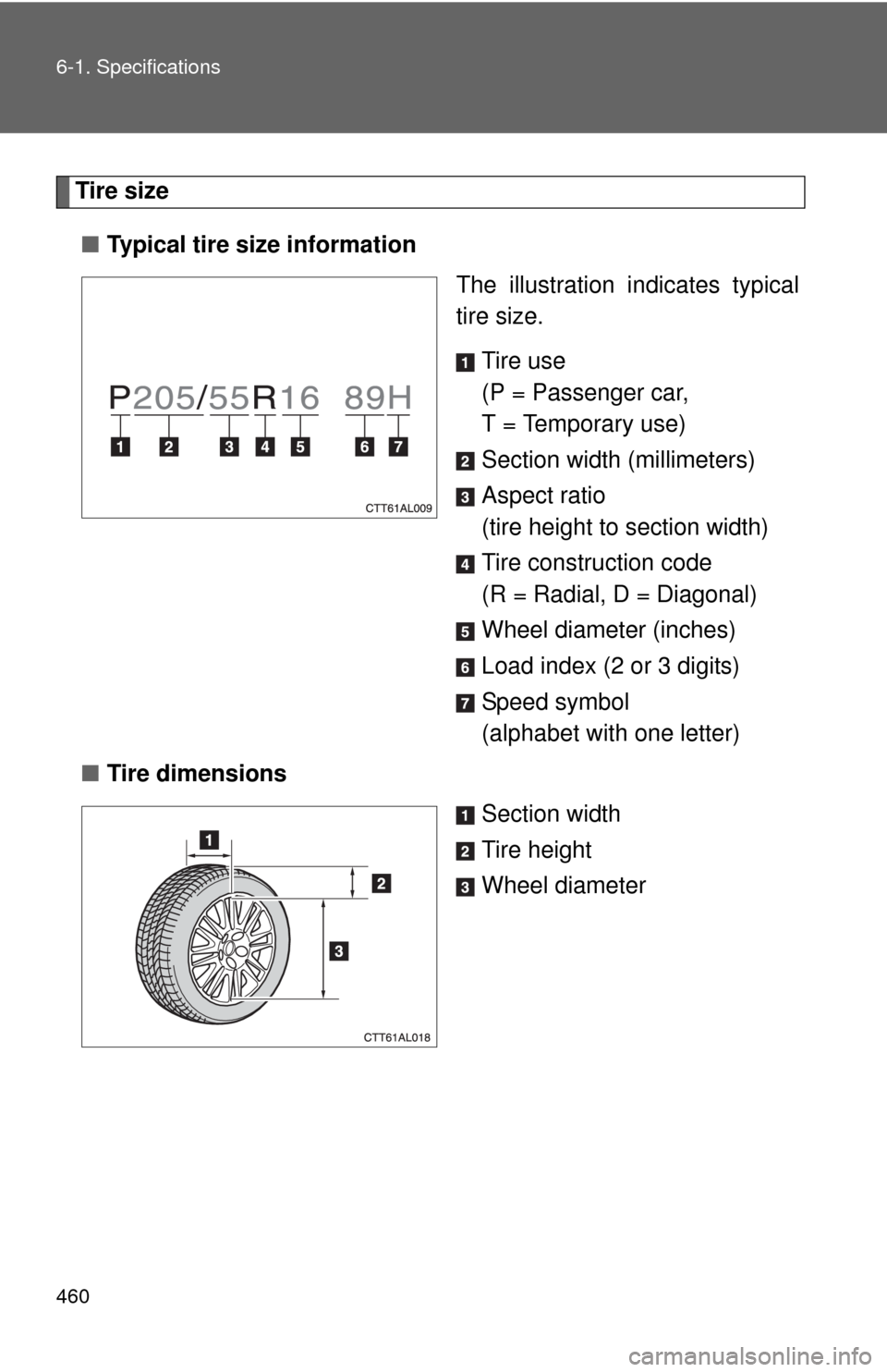 TOYOTA MATRIX 2013 E140 / 2.G Owners Manual 460 6-1. Specifications
Tire size
■Typical tire size information
The illustration indicates typical
tire size.
Tire use
(P = Passenger car, 
T = Temporary use)
Section width (millimeters)
Aspect rat