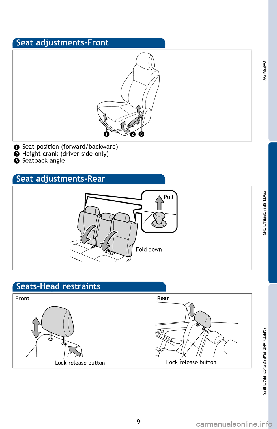 TOYOTA MATRIX 2013 E140 / 2.G Quick Reference Guide 
OVERVIEW
FEATURES/OPERATIONS
SAFETY AND EMERGENCY FEATURES
9
*  The ignition switch must be “ON” and the brake pedal depressed to shift from 
Park.
Shift the shift lever to “S” position from 