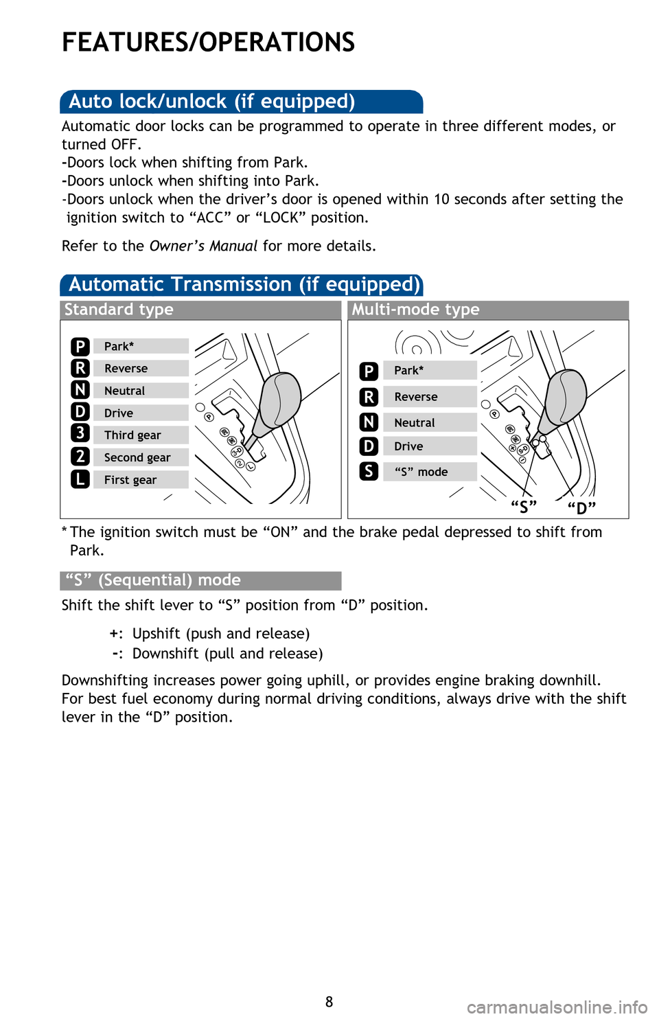 TOYOTA MATRIX 2013 E140 / 2.G Quick Reference Guide
8
FEATURES/OPERATIONS
Automatic Transmission (if equipped)
* The ignition switch must be “ON” and the brake pedal depressed to shift from
Park.
Shift the shift lever to “S” position from TOYOTA MATRIX 2013 E140 / 2.G Quick Reference Guide
8
FEATURES/OPERATIONS
Automatic Transmission (if equipped)
* The ignition switch must be “ON” and the brake pedal depressed to shift from
Park.
Shift the shift lever to “S” position from