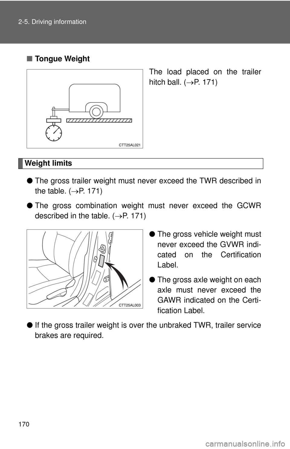 TOYOTA MATRIX 2014 E140 / 2.G Owners Manual 170 2-5. Driving information
■Tongue Weight
The load placed on the trailer
hitch ball. (P. 171)
Weight limits
● The gross trailer weight must never exceed the TWR described in
the table. ( TOYOTA MATRIX 2014 E140 / 2.G Owners Manual 170 2-5. Driving information
■Tongue Weight
The load placed on the trailer
hitch ball. (P. 171)
Weight limits
● The gross trailer weight must never exceed the TWR described in
the table. ( 